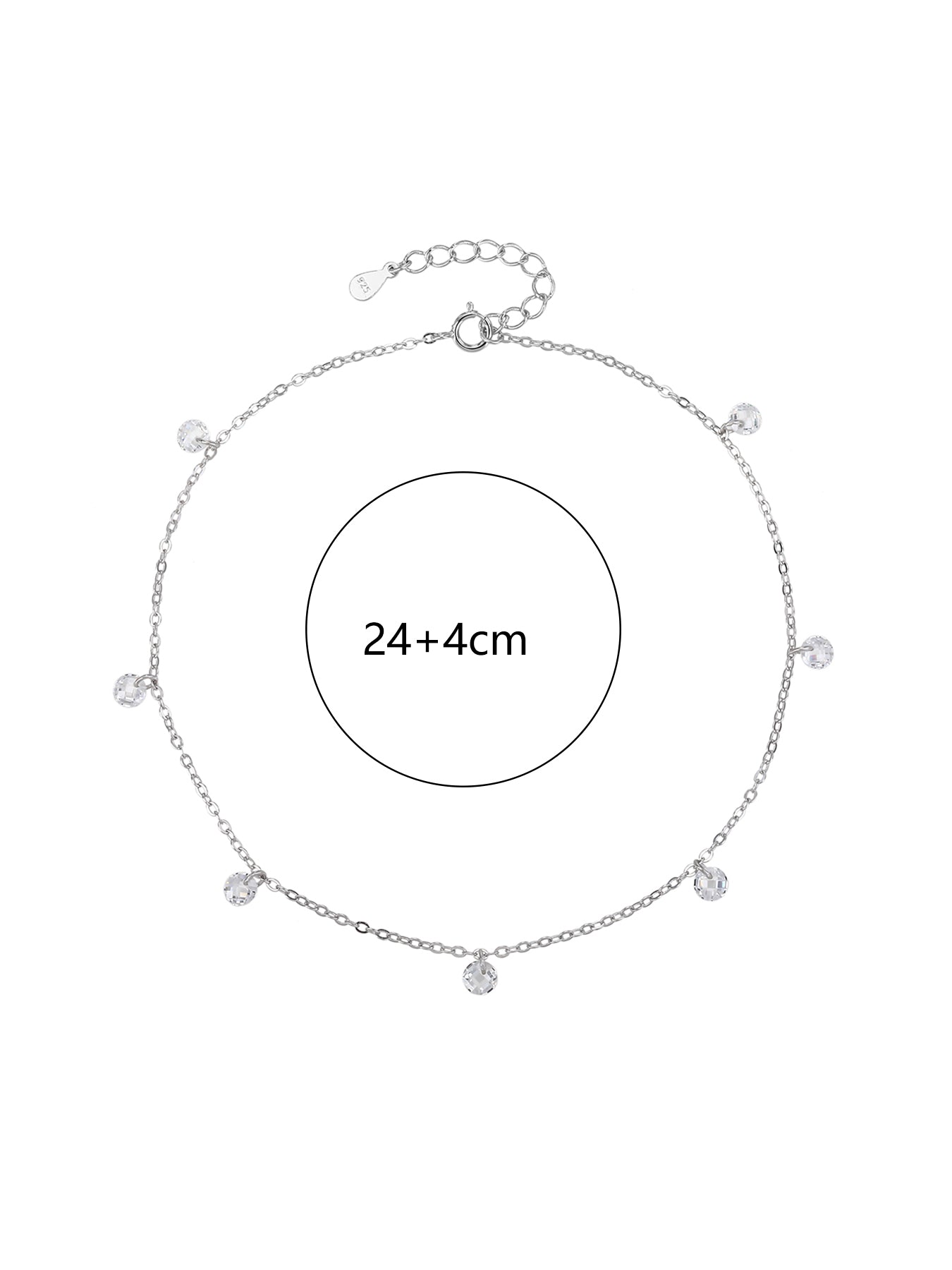 anklet with white zirconia stones (24+4 cm) in hallmarked, rhodium-plated 925 sterling silver – alternate front view – DRESCHER Jewellery®