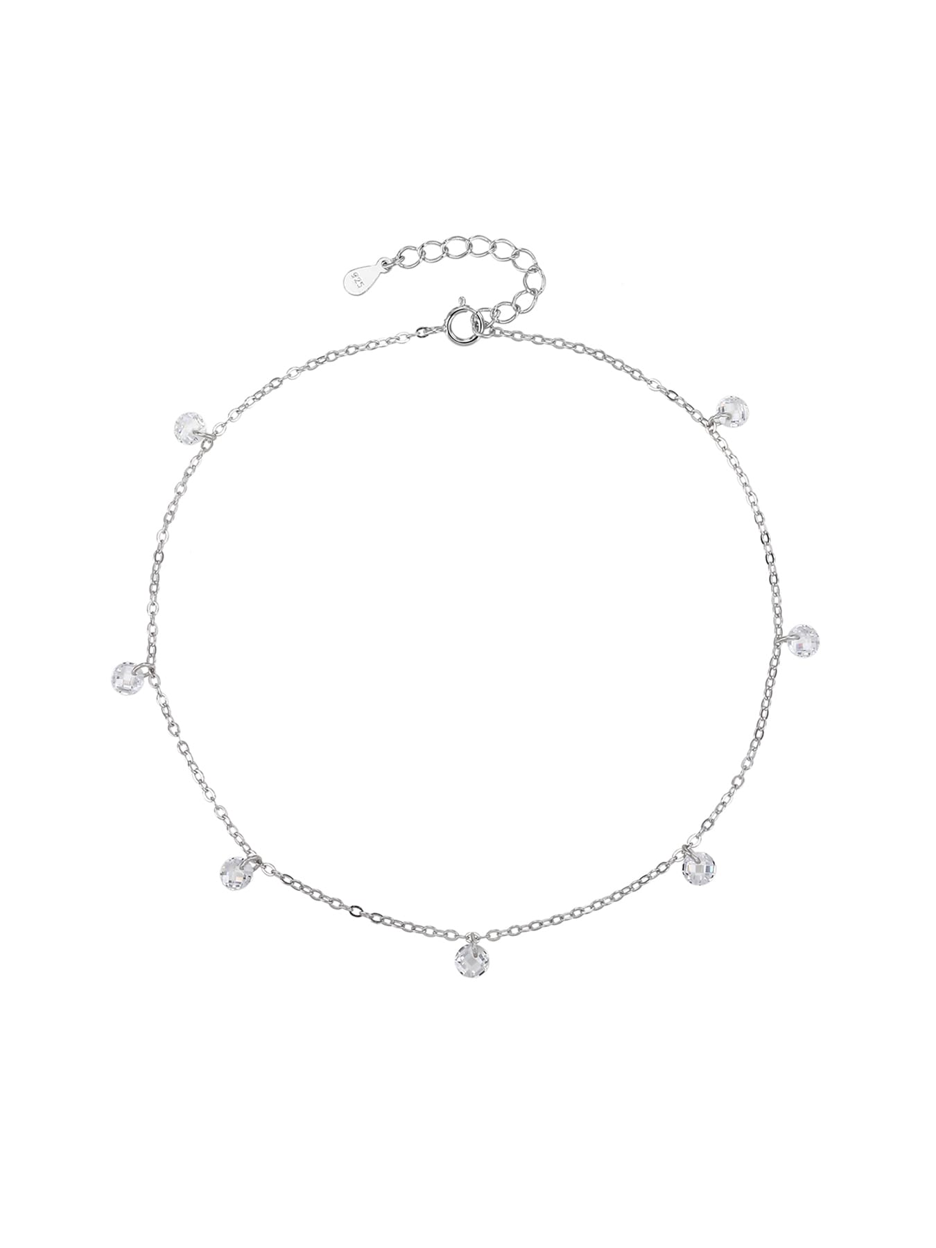 anklet with white zirconia stones (24+4 cm) in hallmarked, rhodium-plated 925 sterling silver – worn view – DRESCHER Jewellery®