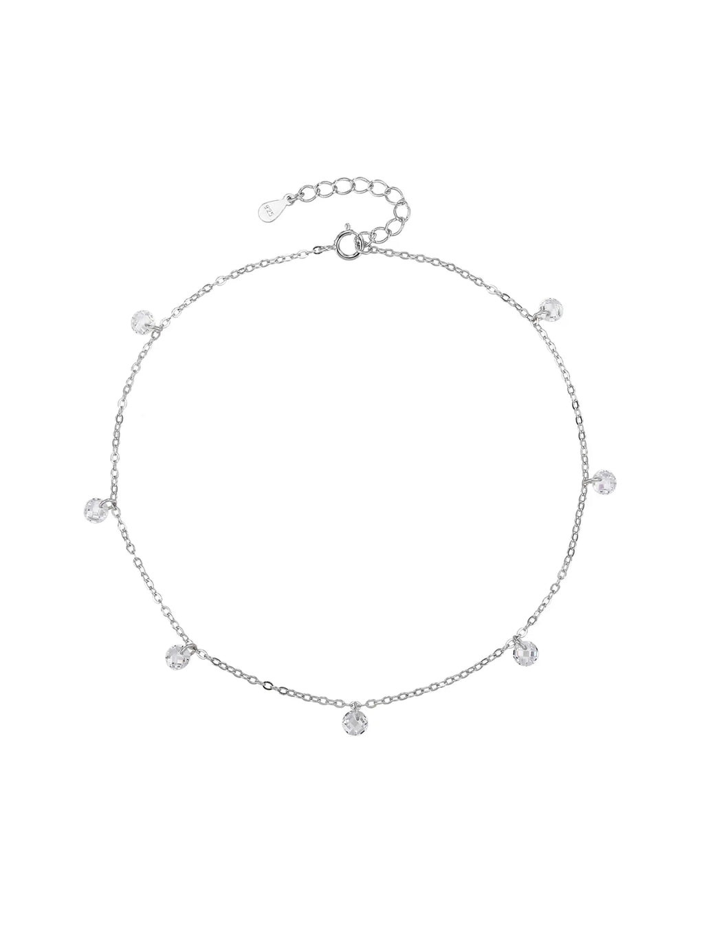anklet with white zirconia stones (24+4 cm) in hallmarked, rhodium-plated 925 sterling silver – front view – DRESCHER Jewellery®