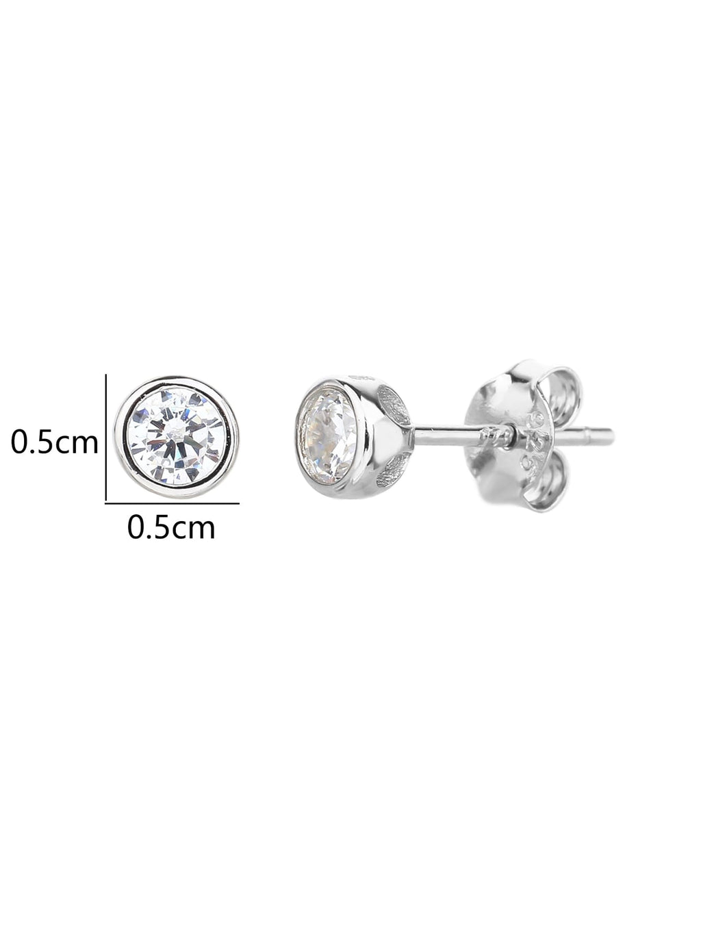 White cubic zirconia bezel-set stud earrings in hallmarked, rhodium-plated 925 sterling silver – 0.5 × 0.5 cm dimensions – DRESCHER Jewellery®
