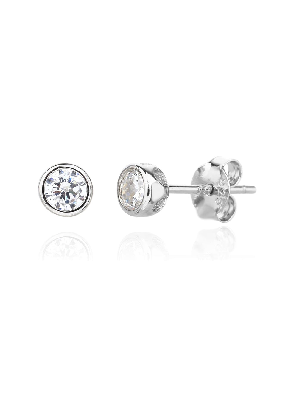 White cubic zirconia bezel-set stud earrings in hallmarked, rhodium-plated 925 sterling silver – front and side views – DRESCHER Jewellery®