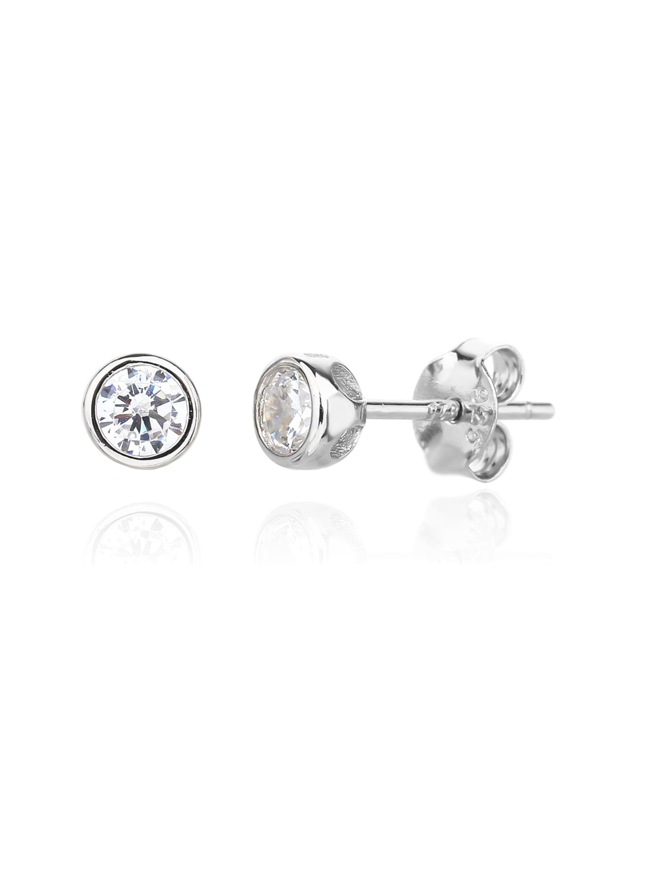 White cubic zirconia bezel-set stud earrings in hallmarked, rhodium-plated 925 sterling silver – front and side views – DRESCHER Jewellery®