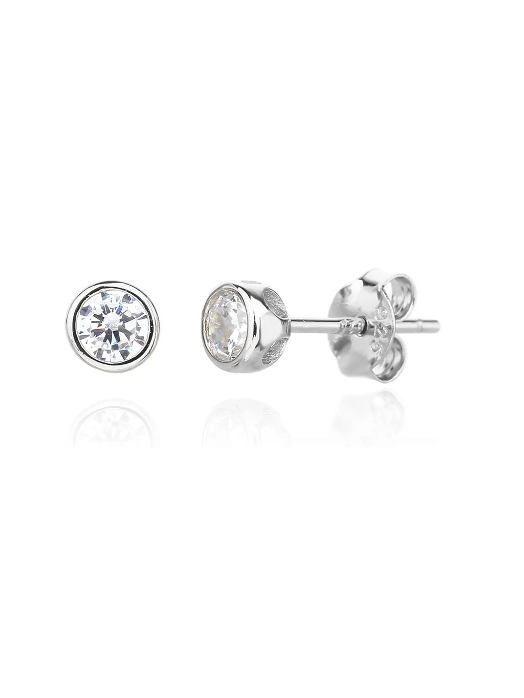 White cubic zirconia bezel-set stud earrings in hallmarked, rhodium-plated 925 sterling silver – front and side views – DRESCHER Jewellery®
