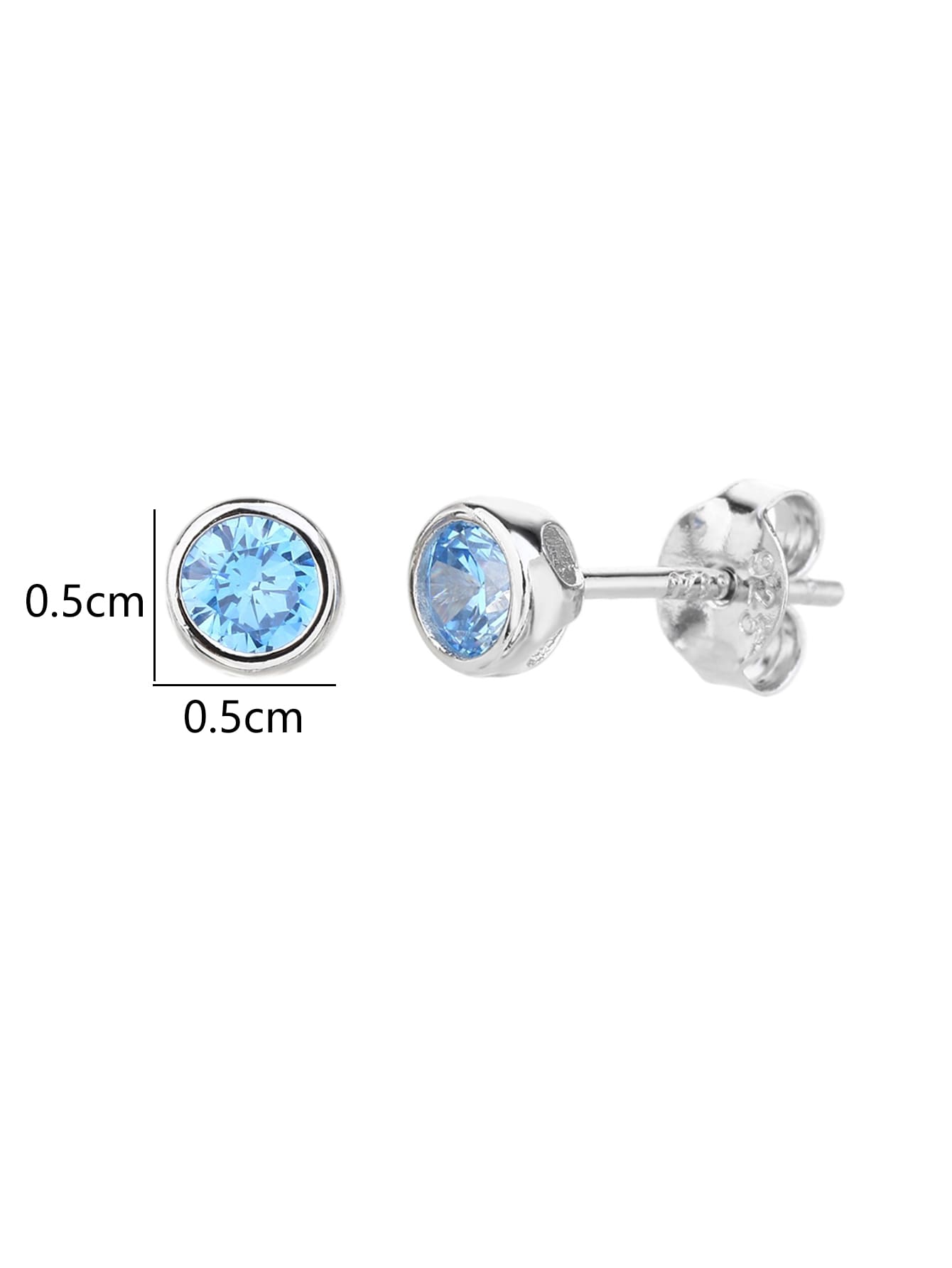 Blue cubic zirconia bezel-set stud earrings in hallmarked, rhodium-plated 925 sterling silver – 0.5 × 0.5 cm dimensions – DRESCHER Jewellery®