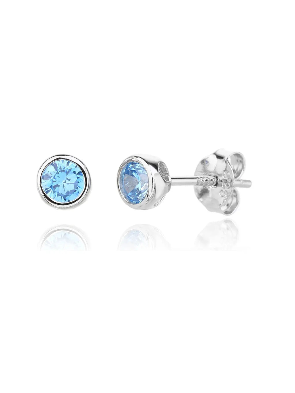 Blue cubic zirconia bezel-set stud earrings in hallmarked, rhodium-plated 925 sterling silver – front and side views – DRESCHER Jewellery®