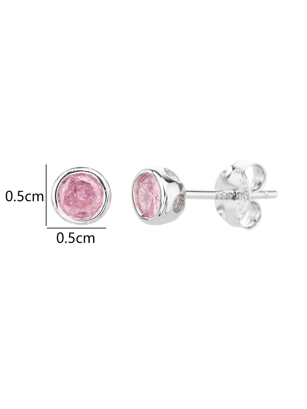 Pink cubic zirconia bezel-set stud earrings in hallmarked, rhodium-plated 925 sterling silver – 0.5 × 0.5 cm dimensions – DRESCHER Jewellery®