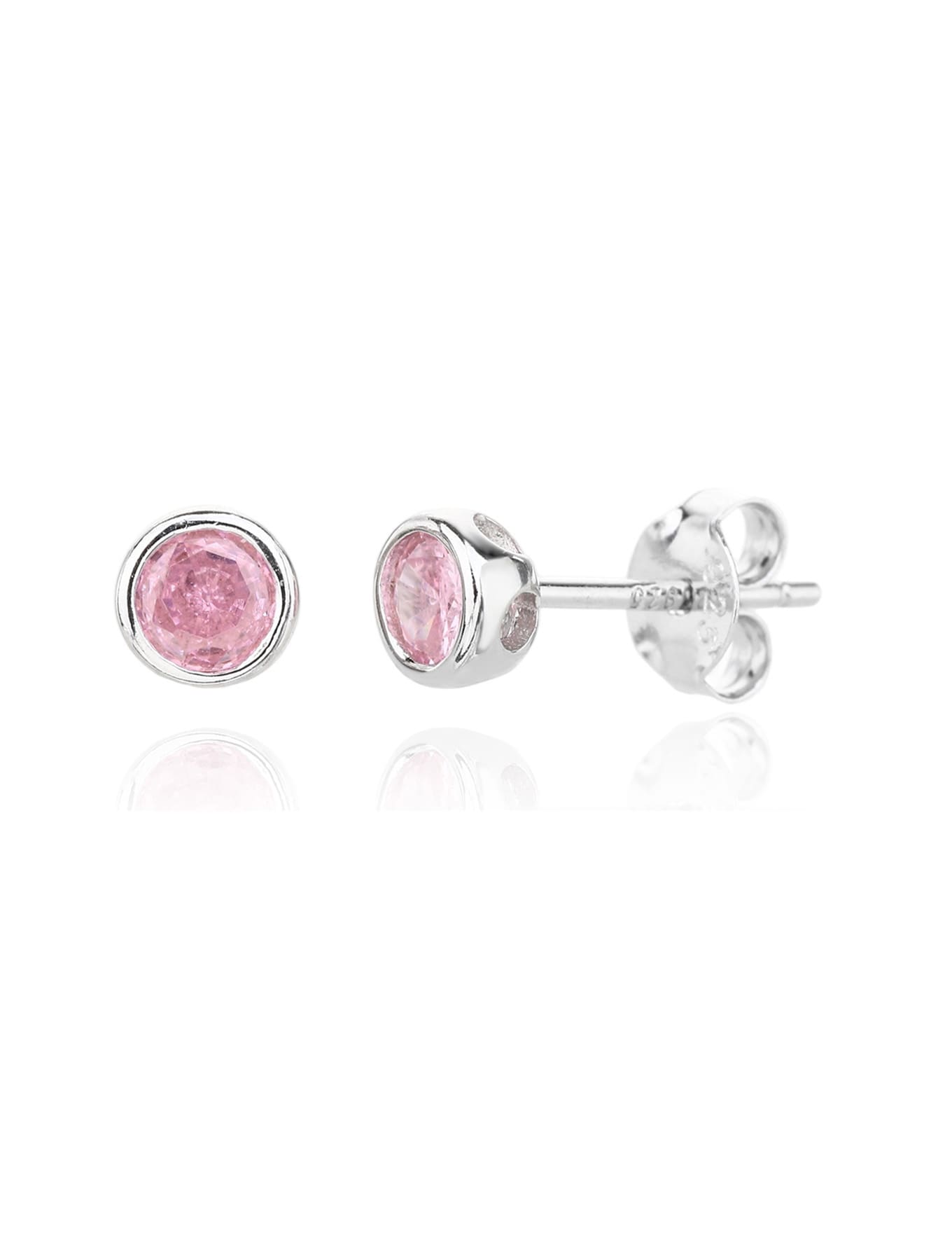 Pink cubic zirconia bezel-set stud earrings in hallmarked, rhodium-plated 925 sterling silver – front and side views – DRESCHER Jewellery®