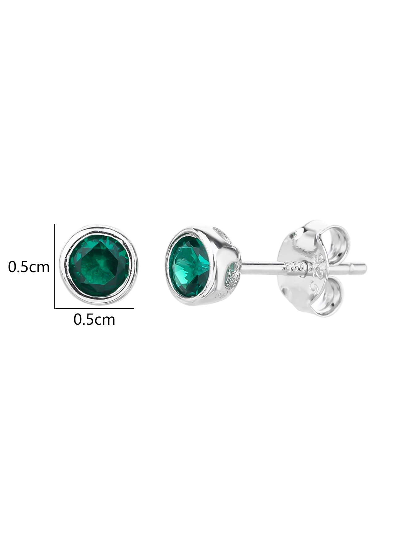 Green cubic zirconia button-set stud earrings in hallmarked, rhodium-plated 925 sterling silver – dimensions – DRESCHER Jewellery®