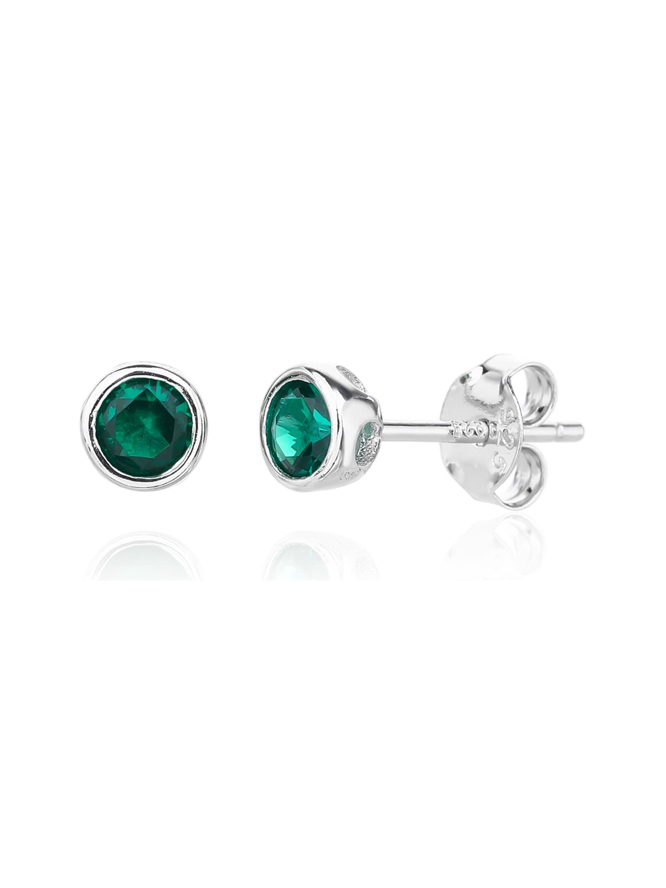 Green cubic zirconia button-set stud earrings in hallmarked, rhodium-plated 925 sterling silver – front and side views – DRESCHER Jewellery®