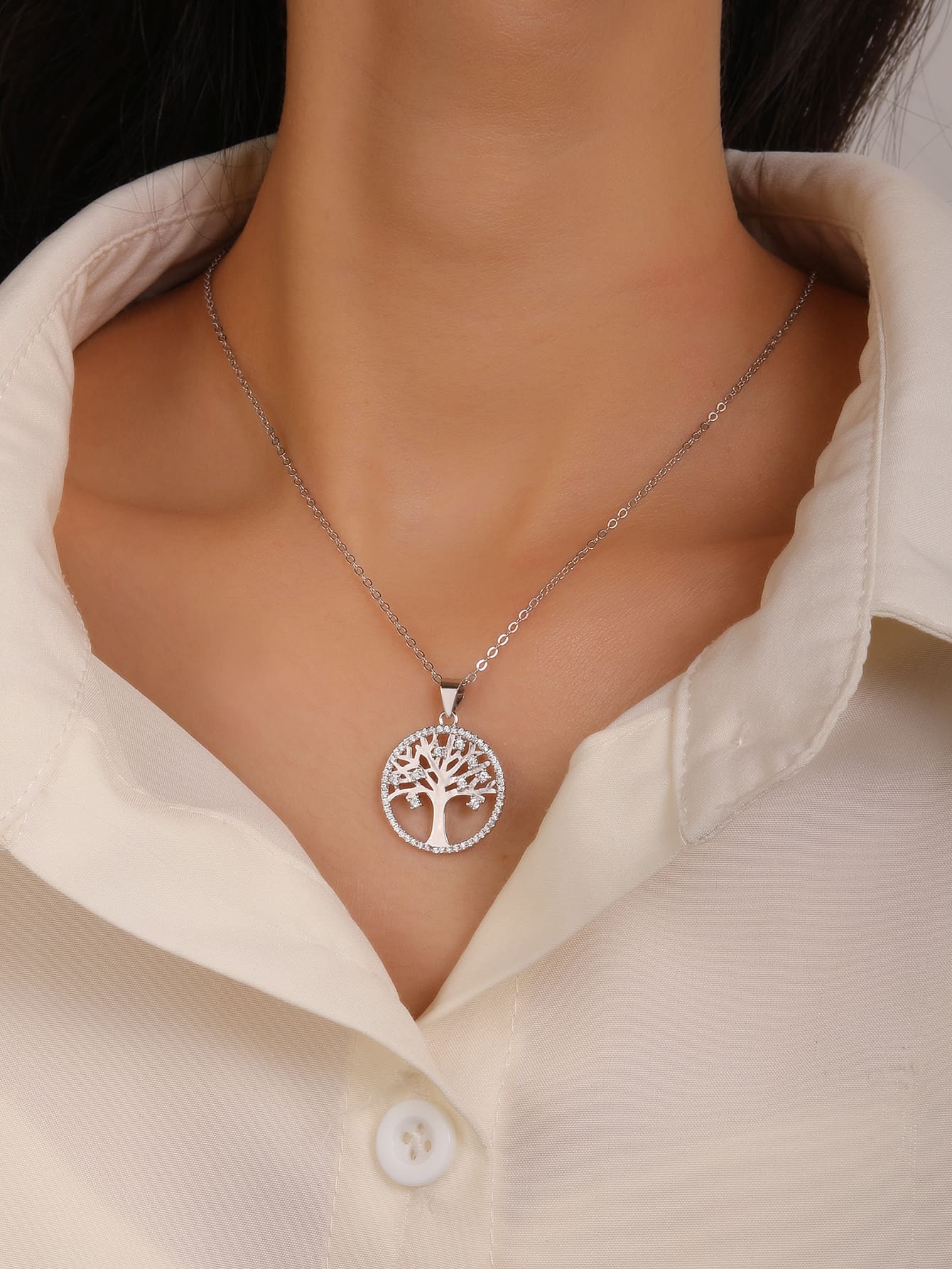 zirconia stone tree of life pendant - without chain in hallmarked, rhodium-plated 925 sterling silver – worn view – DRESCHER Jewellery®