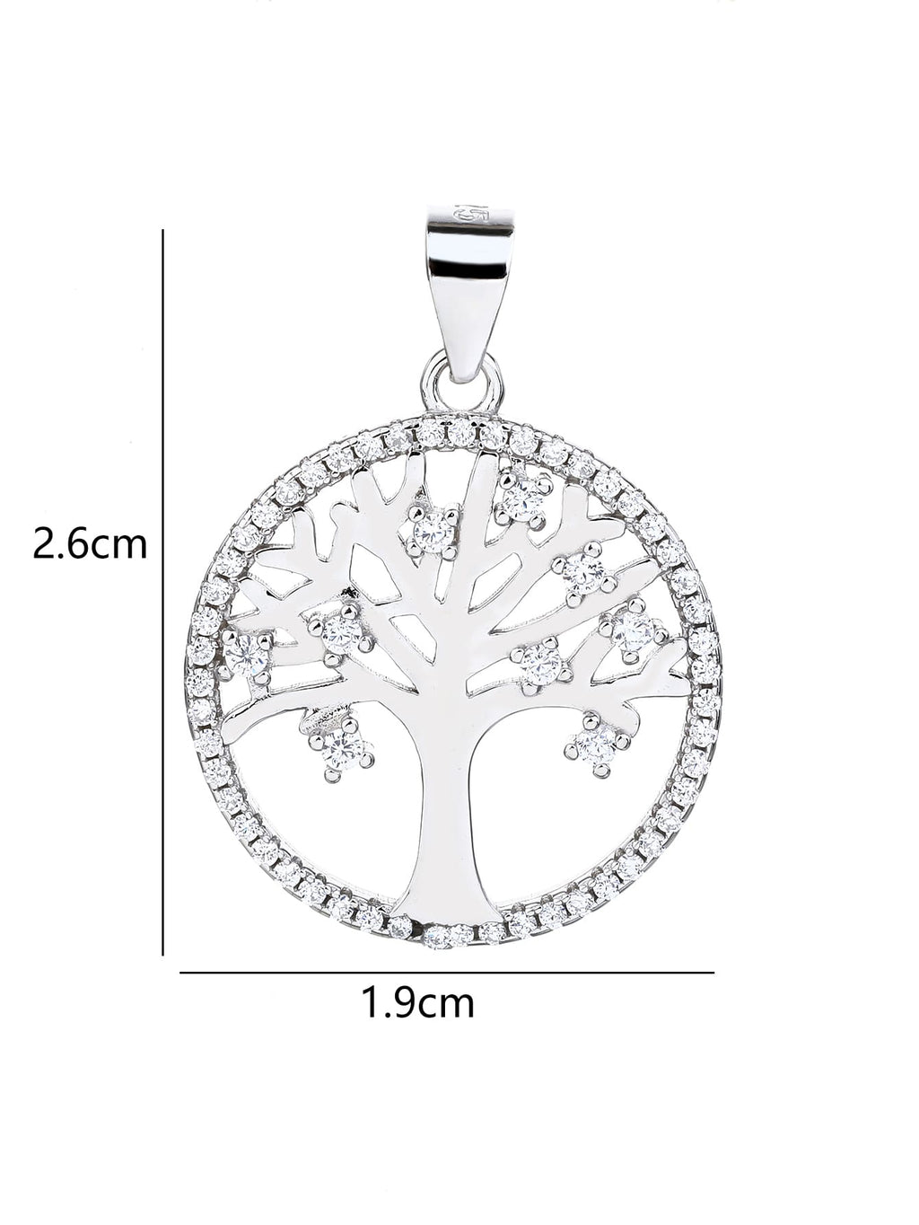 zirconia stone tree of life pendant - without chain in hallmarked, rhodium-plated 925 sterling silver – dimensions view – DRESCHER Jewellery®