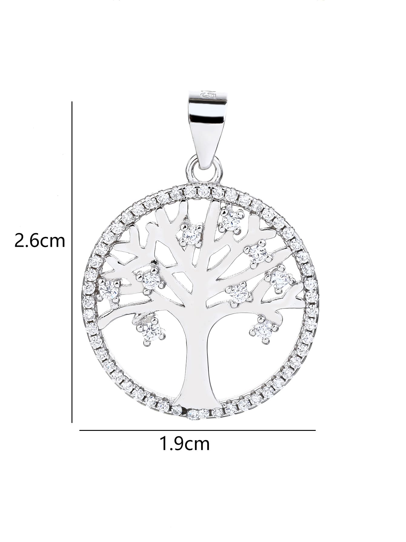 zirconia stone tree of life pendant - without chain in hallmarked, rhodium-plated 925 sterling silver – dimensions view – DRESCHER Jewellery®