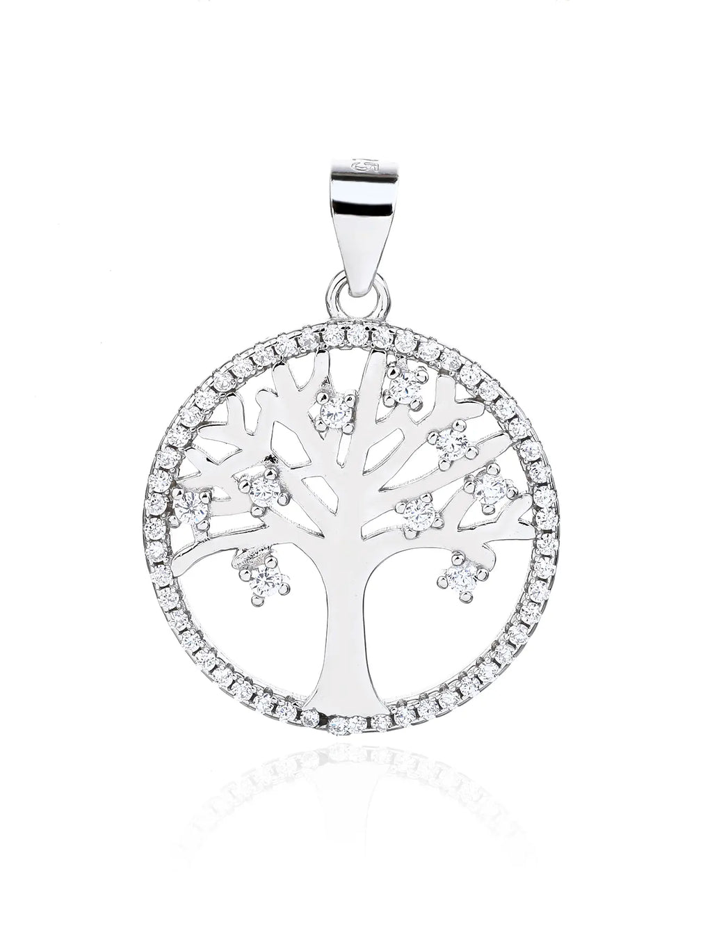 zirconia stone tree of life pendant - without chain in hallmarked, rhodium-plated 925 sterling silver – front view – DRESCHER Jewellery®