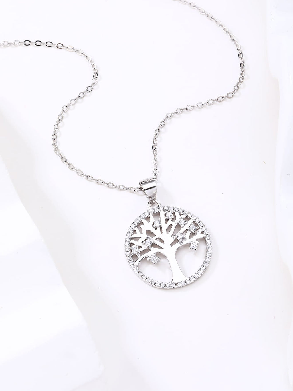 zirconia stone tree of life pendant - without chain in hallmarked, rhodium-plated 925 sterling silver – display view – DRESCHER Jewellery®
