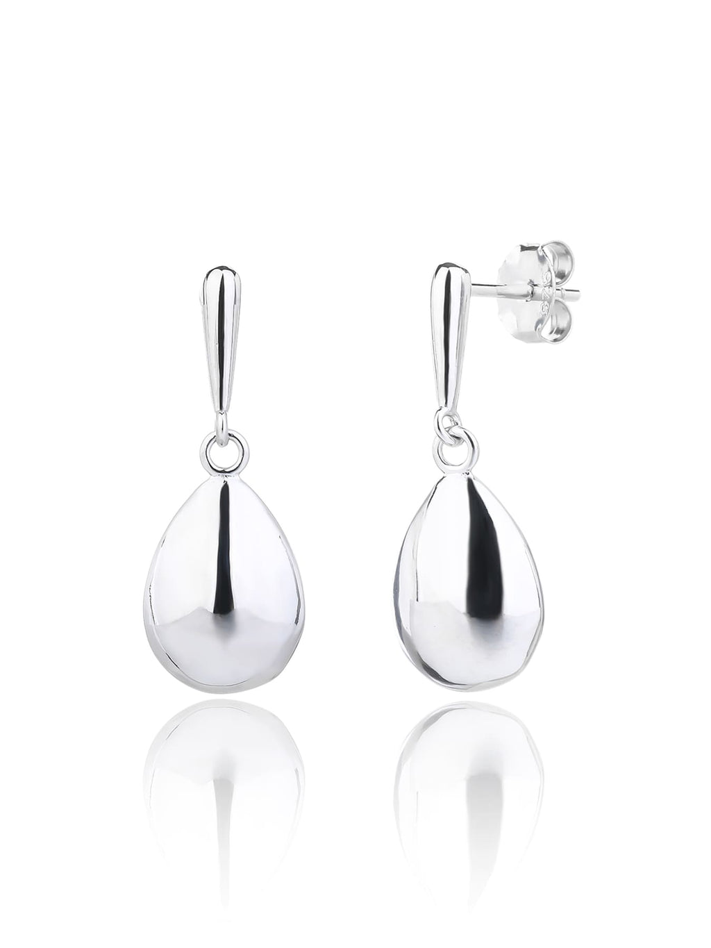 Polished teardrop dangle stud earrings in hallmarked, rhodium-plated 925 sterling silver – front and side views – DRESCHER Jewellery®