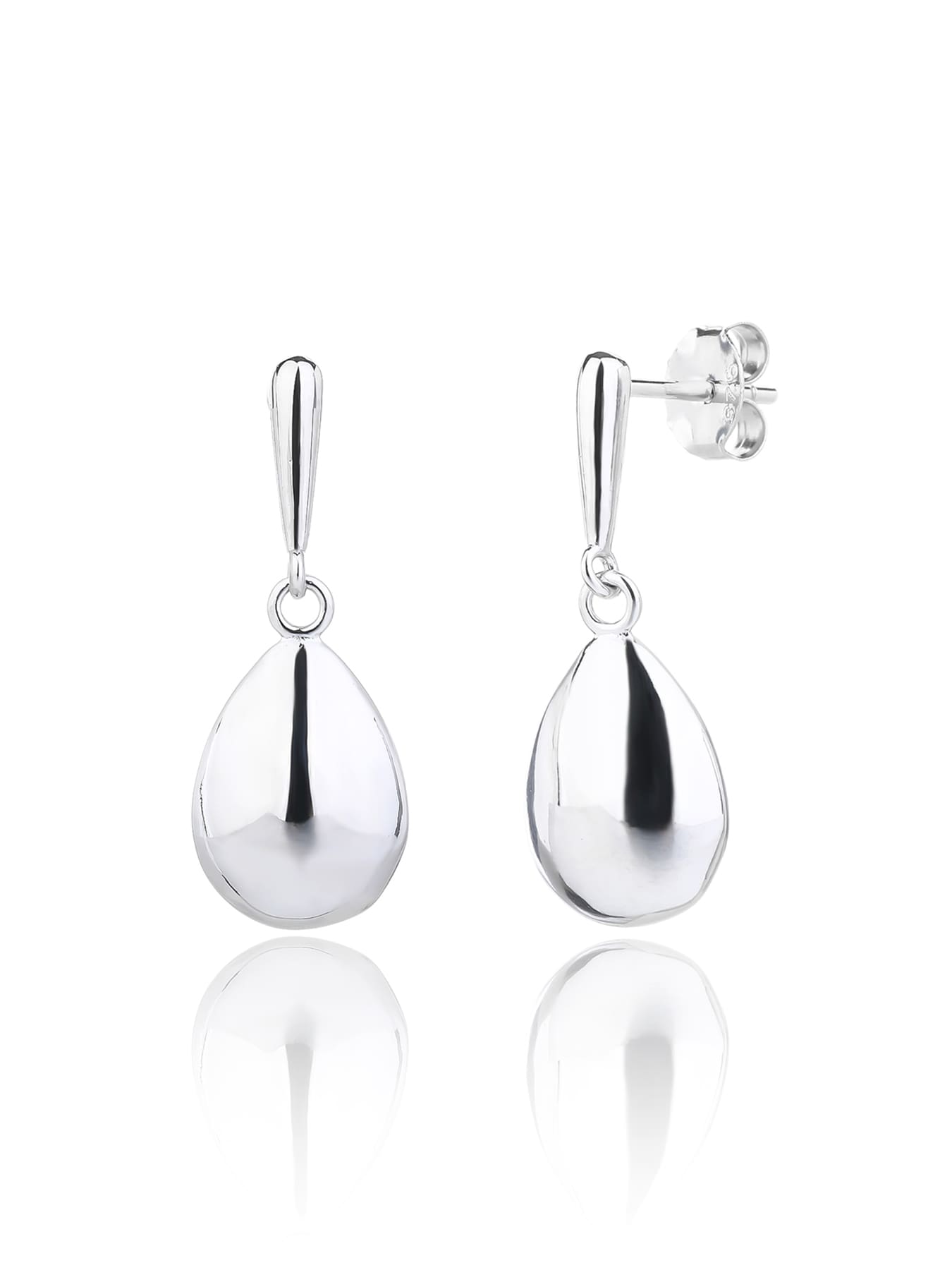 Polished teardrop dangle stud earrings in hallmarked, rhodium-plated 925 sterling silver – front and side views – DRESCHER Jewellery®