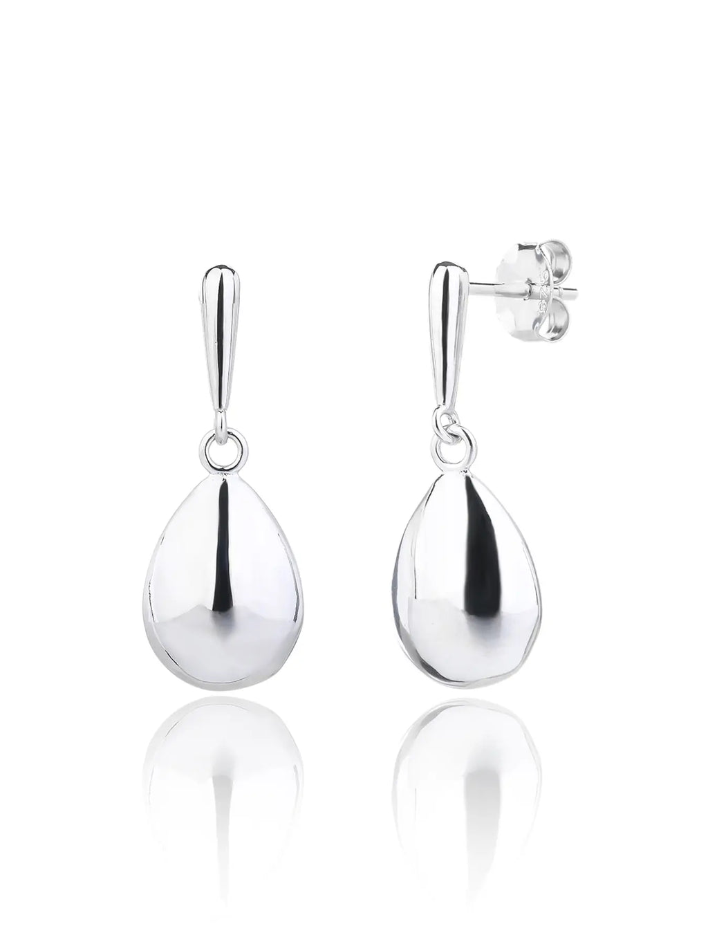Polished teardrop dangle stud earrings in hallmarked, rhodium-plated 925 sterling silver – front and side views – DRESCHER Jewellery®