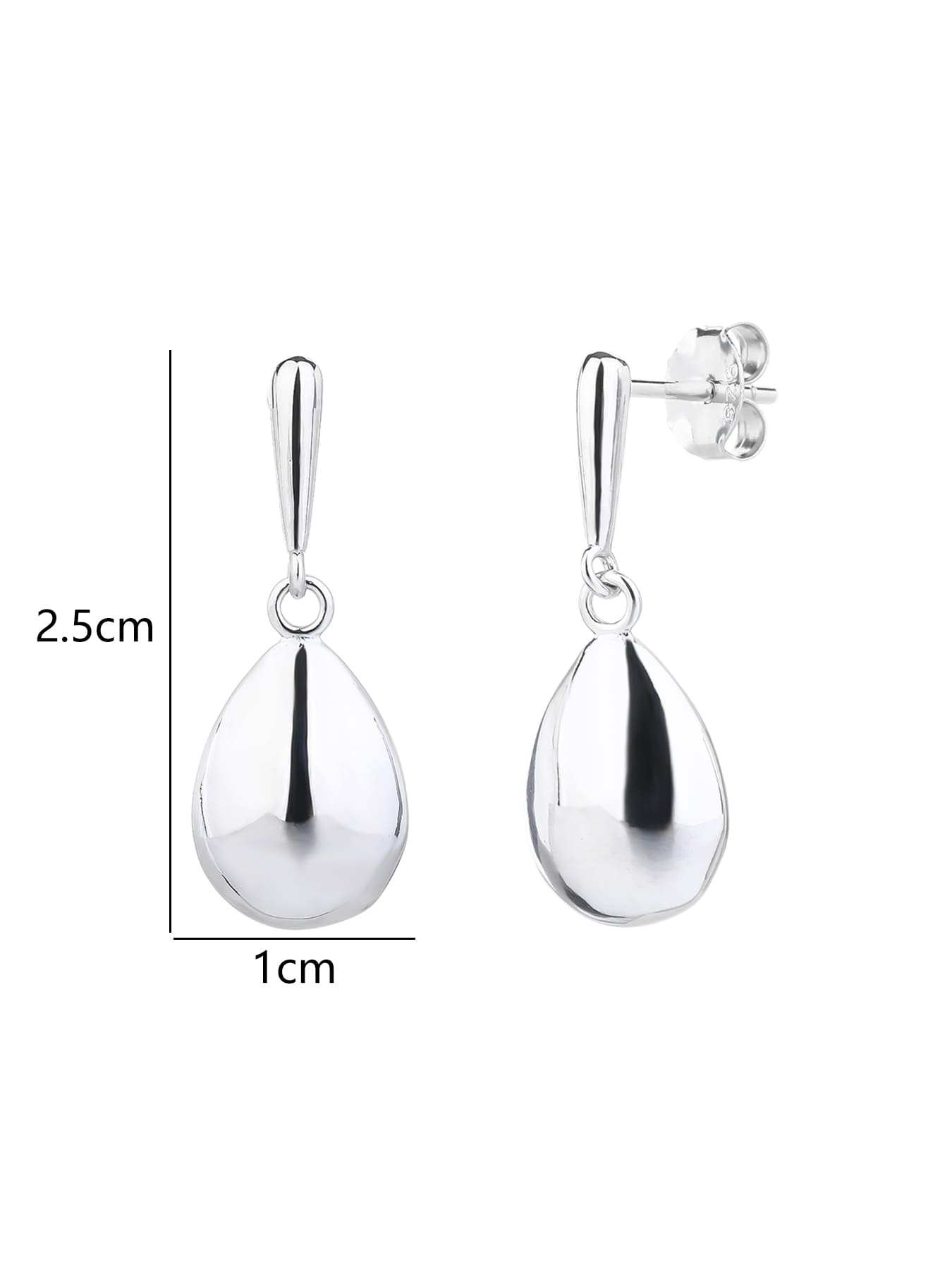 Polished teardrop dangle stud earrings in hallmarked, rhodium-plated 925 sterling silver – 2.5 × 1 cm dimensions – DRESCHER Jewellery®