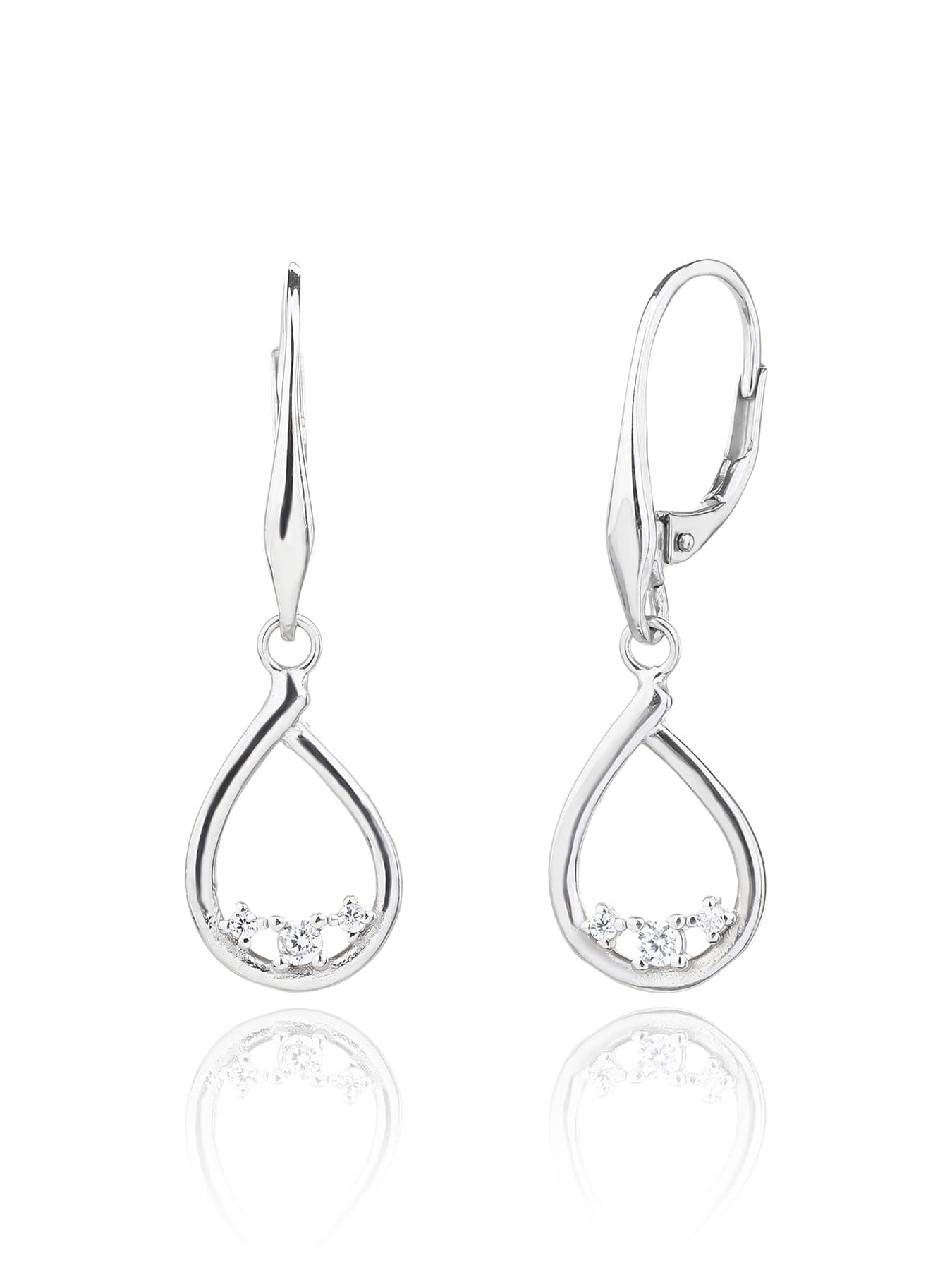 Teardrop white cubic zirconia leverback earrings in hallmarked, rhodium-plated 925 sterling silver – front and side views – DRESCHER Jewellery®