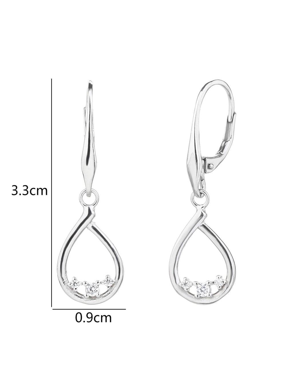 Teardrop white cubic zirconia leverback earrings in hallmarked, rhodium-plated 925 sterling silver – 3.3 × 0.9 cm dimensions – DRESCHER Jewellery®