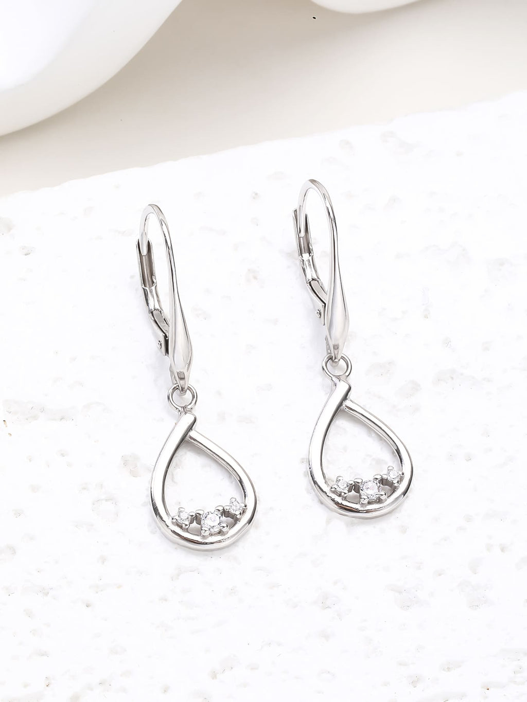Teardrop white cubic zirconia leverback earrings in hallmarked, rhodium-plated 925 sterling silver – display view – DRESCHER Jewellery®