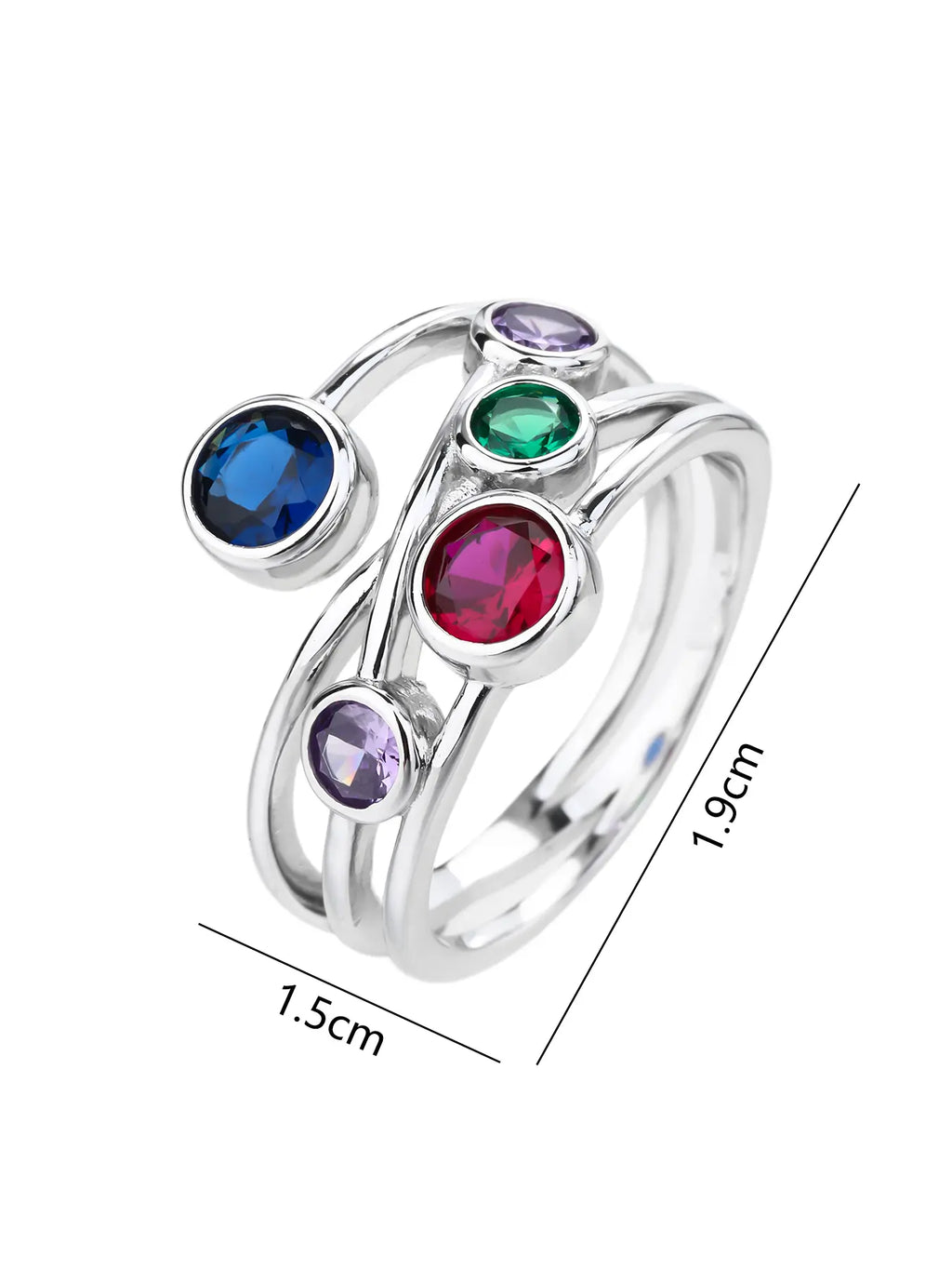 Silver design ring with coloured cubic zirconia stones