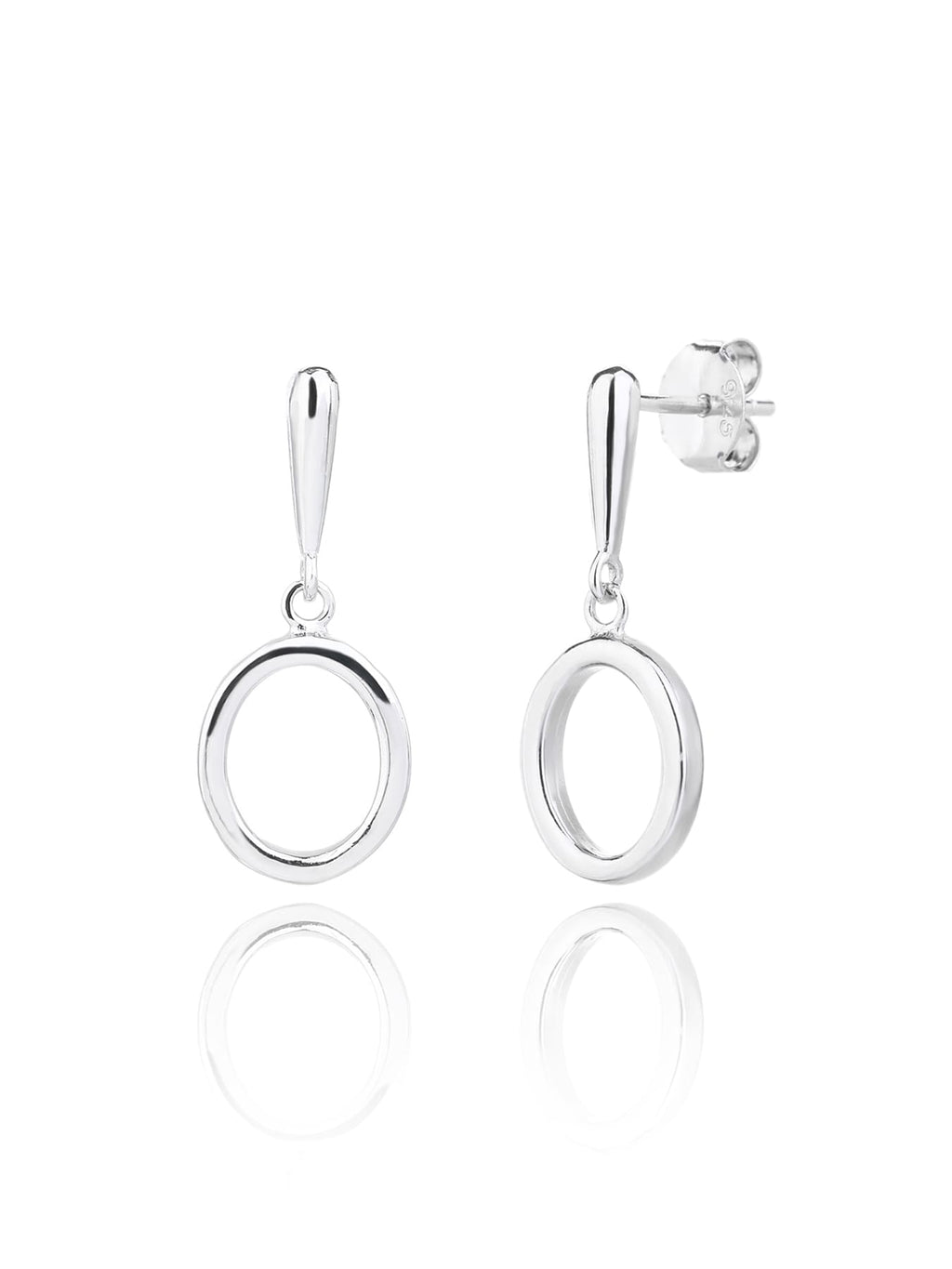 Open circle drop stud earrings in hallmarked, rhodium-plated 925 sterling silver – front and side views – DRESCHER Jewellery®