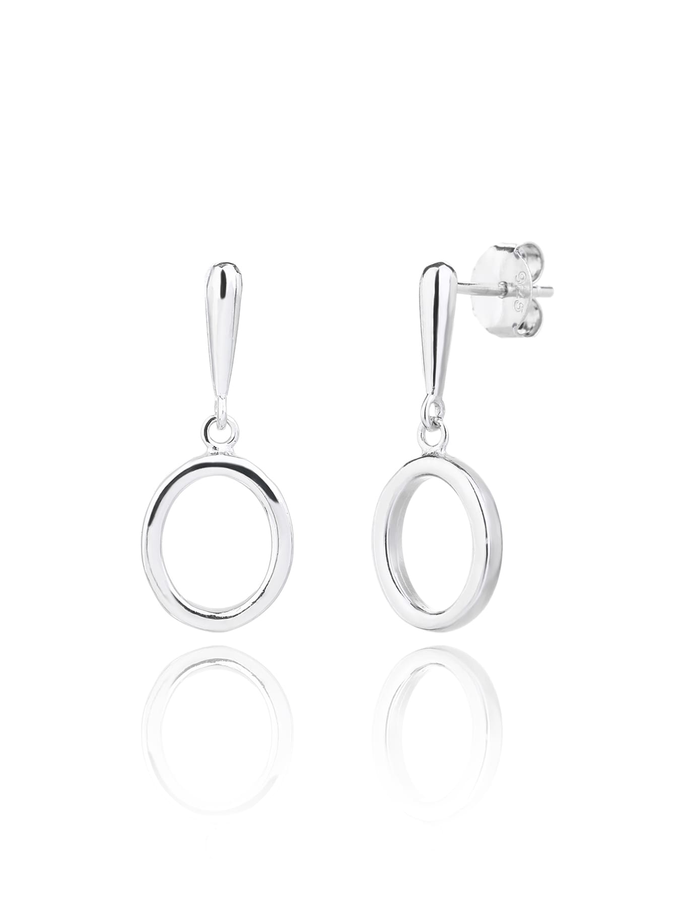 Open circle drop stud earrings in hallmarked, rhodium-plated 925 sterling silver – front and side views – DRESCHER Jewellery®