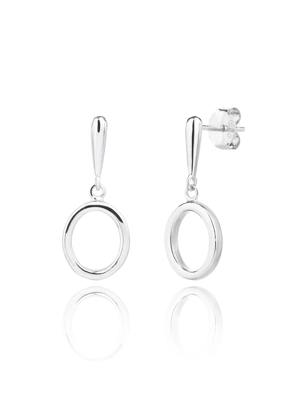 Open circle drop stud earrings in hallmarked, rhodium-plated 925 sterling silver – front and side views – DRESCHER Jewellery®