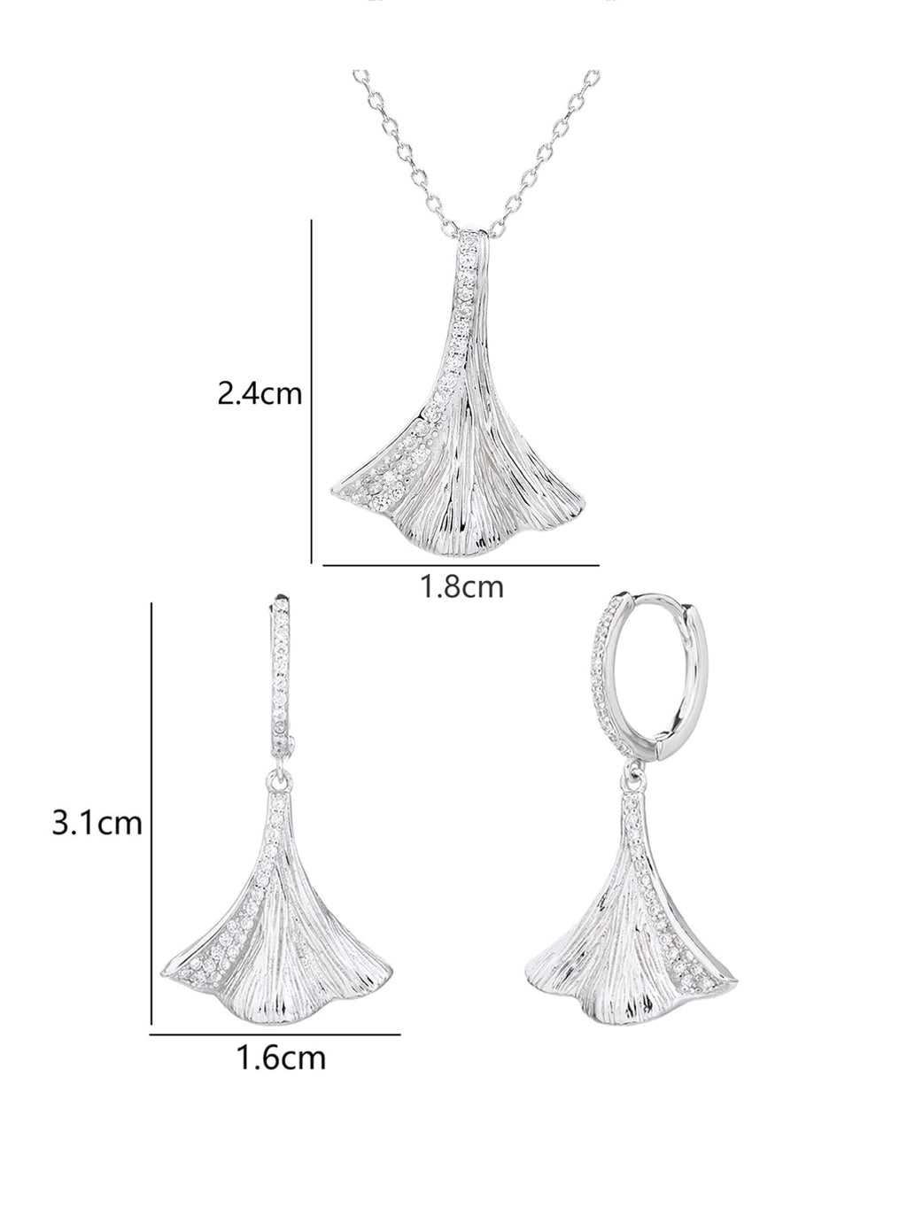 jewelled ginkgo biloba leaf shape with zirconia decoration in hallmarked, rhodium-plated 925 sterling silver – dimensions view – DRESCHER Jewellery®
