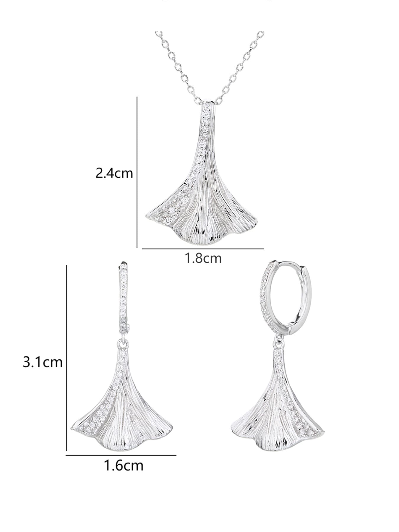 jewelled ginkgo biloba leaf shape with zirconia decoration in hallmarked, rhodium-plated 925 sterling silver – dimensions view – DRESCHER Jewellery®