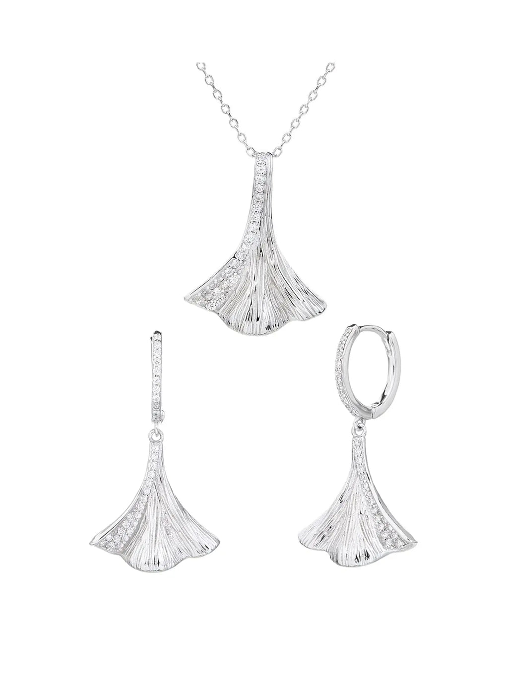 jewelled ginkgo biloba leaf shape with zirconia decoration in hallmarked, rhodium-plated 925 sterling silver – front set view – DRESCHER Jewellery®