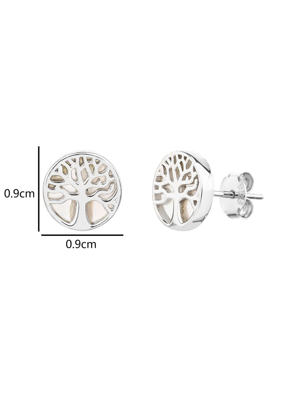 Tree of life stud earrings with mother-of-pearl inlays and silver components crafted from hallmarked, rhodium-plated 925 sterling silver – 0.9 × 0.9 cm dimensions – DRESCHER Jewellery®