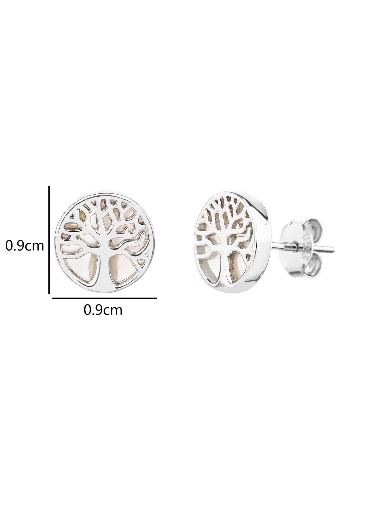 Tree of life stud earrings with mother-of-pearl inlays and silver components crafted from hallmarked, rhodium-plated 925 sterling silver – 0.9 × 0.9 cm dimensions – DRESCHER Jewellery®