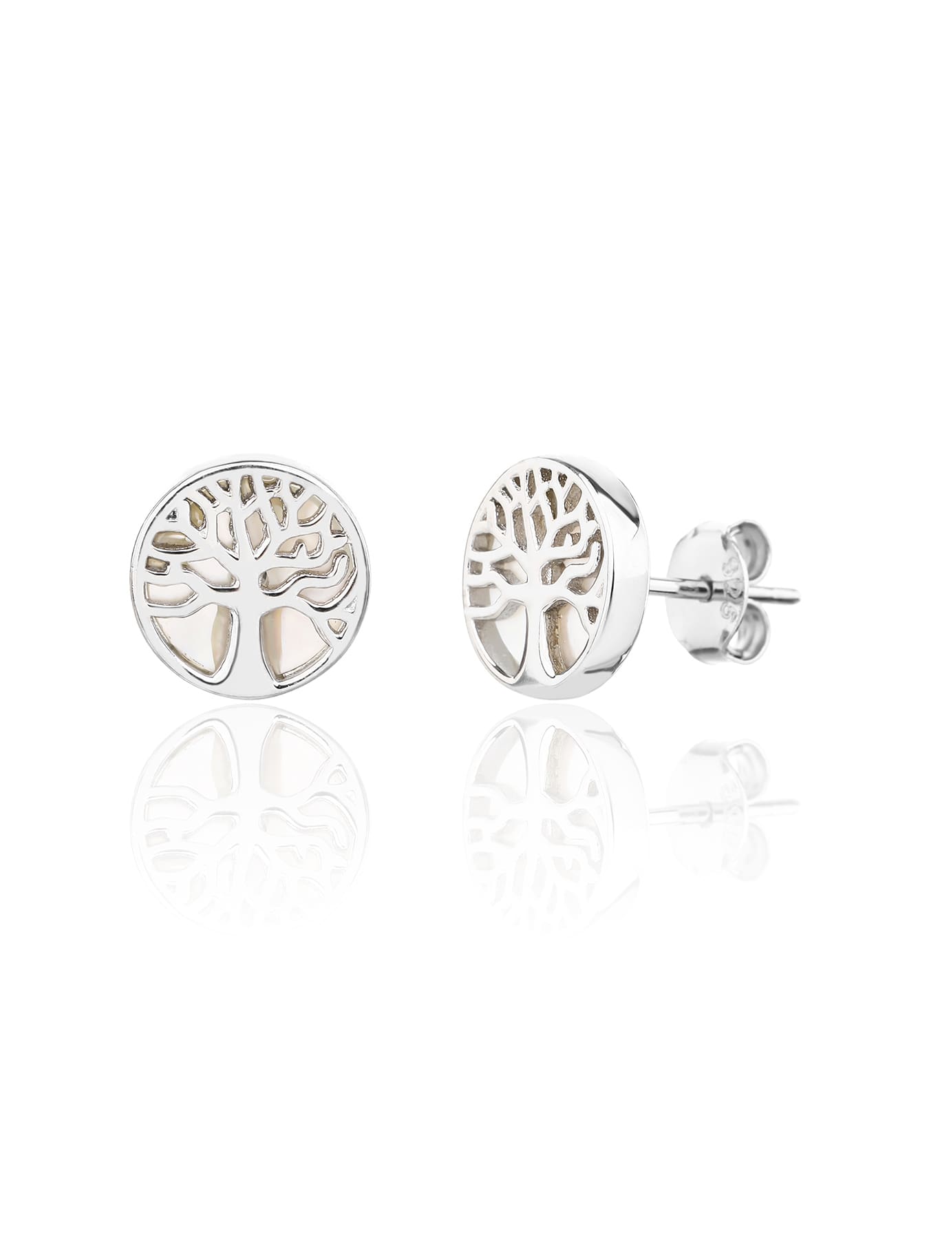 Tree of life stud earrings with mother-of-pearl inlays and silver components crafted from hallmarked, rhodium-plated 925 sterling silver – front and side views – DRESCHER Jewellery®