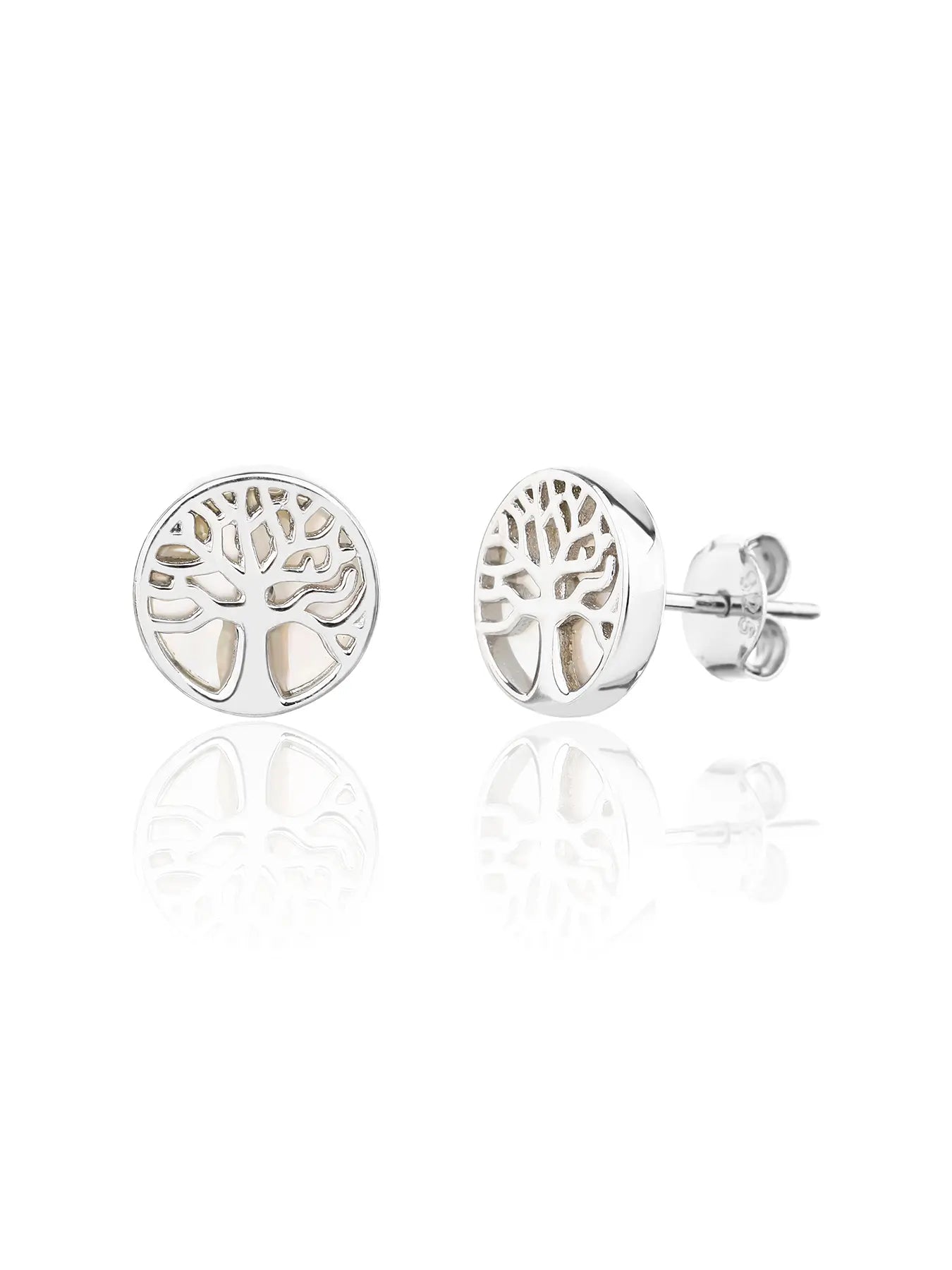 Silver tree of life stud earrings with mother of pearl inlay