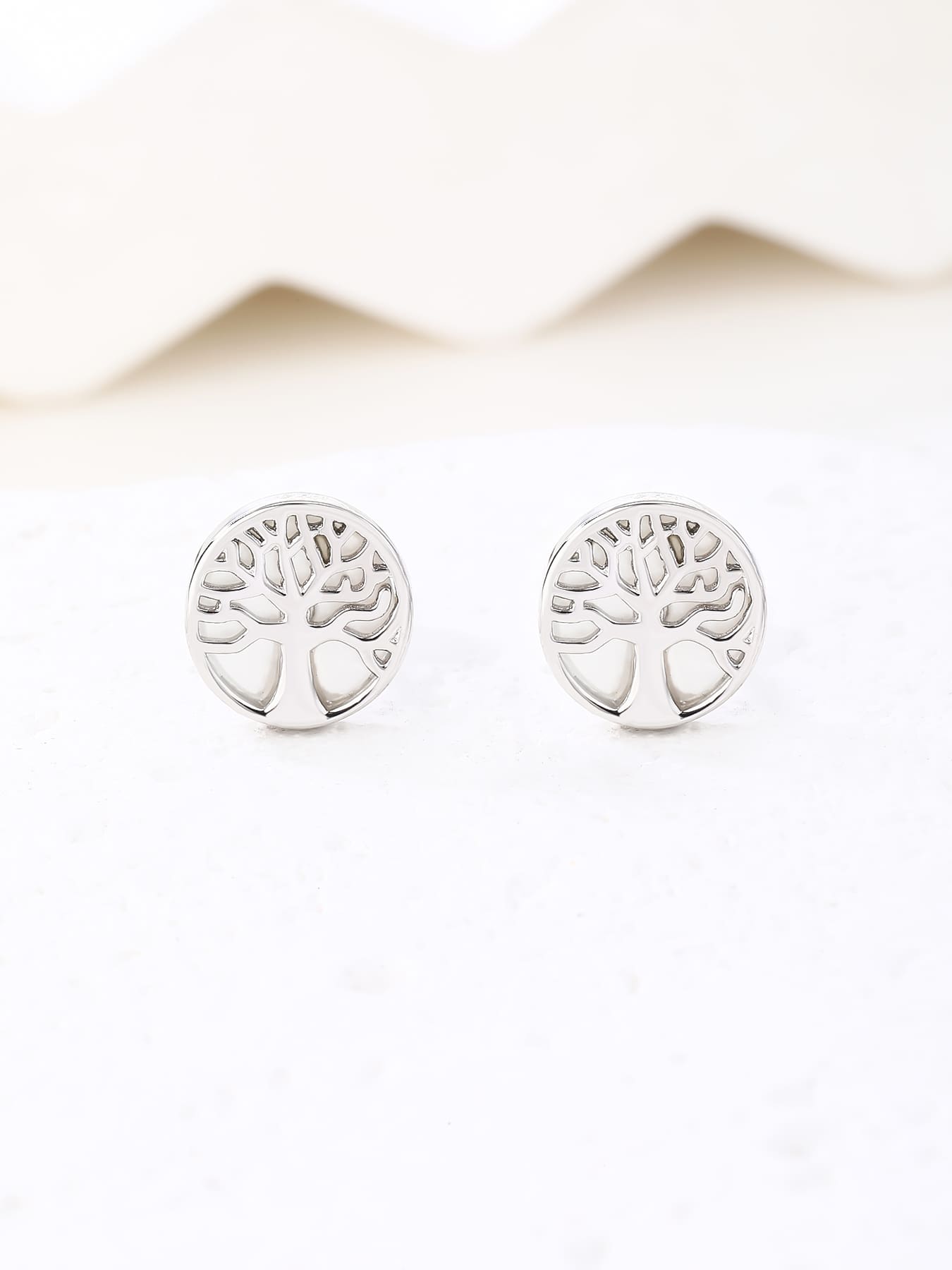 Tree of life stud earrings with mother-of-pearl inlays and silver components crafted from hallmarked, rhodium-plated 925 sterling silver – display view – DRESCHER Jewellery®