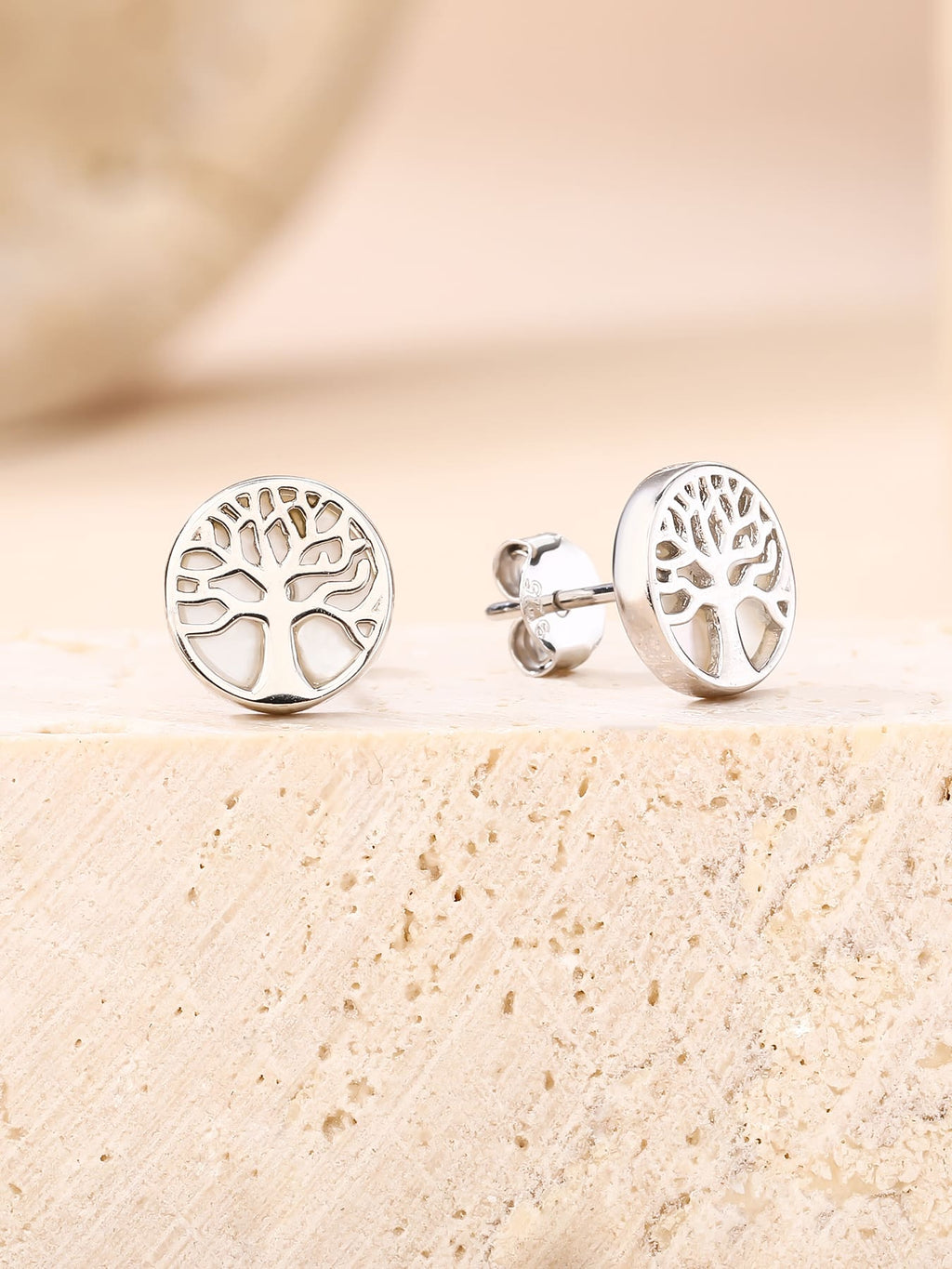 Tree of life stud earrings with mother-of-pearl inlays and silver components crafted from hallmarked, rhodium-plated 925 sterling silver – display view – DRESCHER Jewellery®
