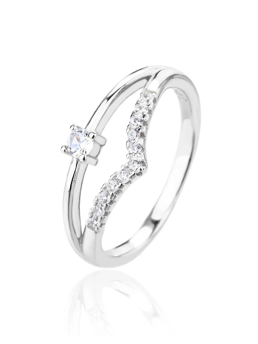 Silver engagement ring with white cubic zirconia stones