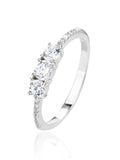 Silver engagement ring with three central and small cubic zirconia stones