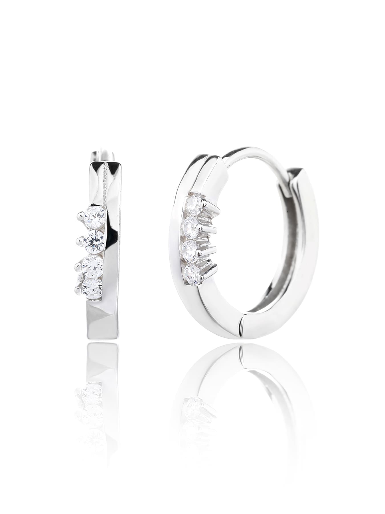 white cubic zirconia stone hoop earrings in hallmarked, rhodium-plated 925 sterling silver – alternate front and side views – DRESCHER Jewellery®