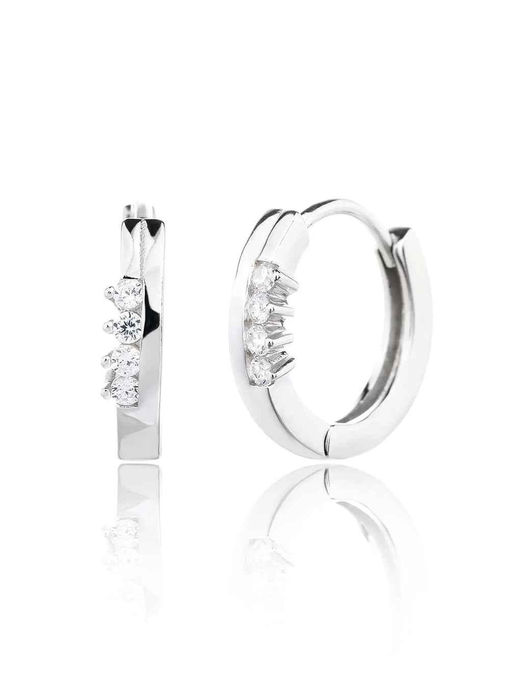 white cubic zirconia stone hoop earrings in hallmarked, rhodium-plated 925 sterling silver – front and side views – DRESCHER Jewellery®
