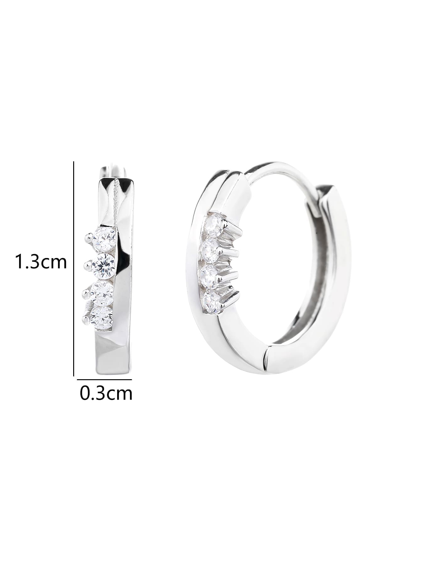 white cubic zirconia stone hoop earrings in hallmarked, rhodium-plated 925 sterling silver – dimensions view – DRESCHER Jewellery®