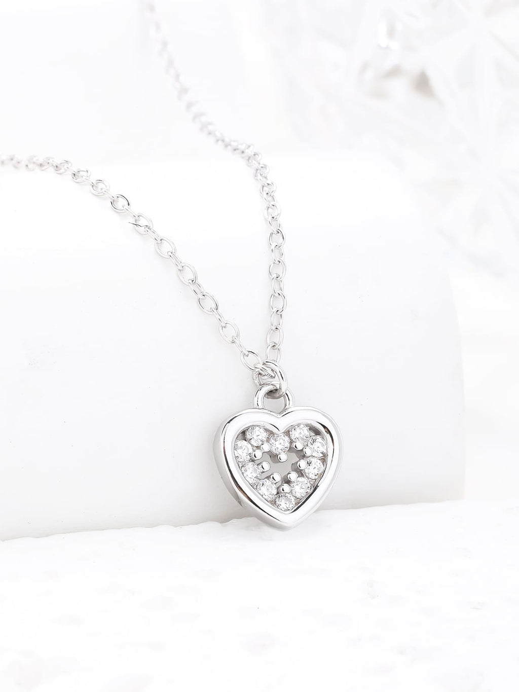 white stone heart necklace in hallmarked, rhodium-plated 925 sterling silver – dimensions view – DRESCHER Jewellery®