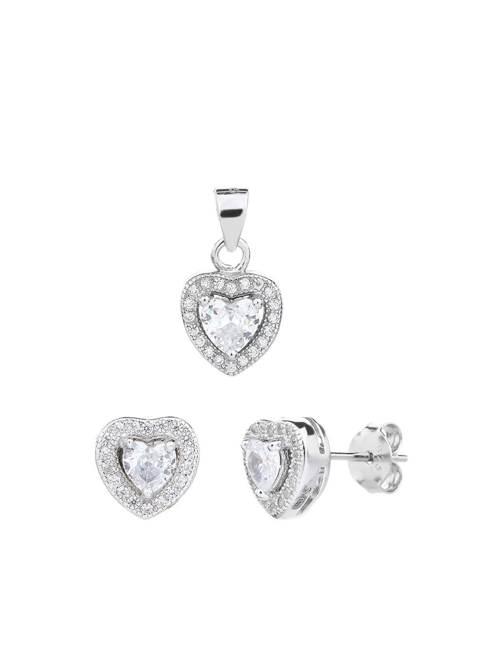 white heart shaped zirconia stud earrings and pendant set in hallmarked, rhodium-plated 925 sterling silver – alternate front set view – DRESCHER Jewellery®