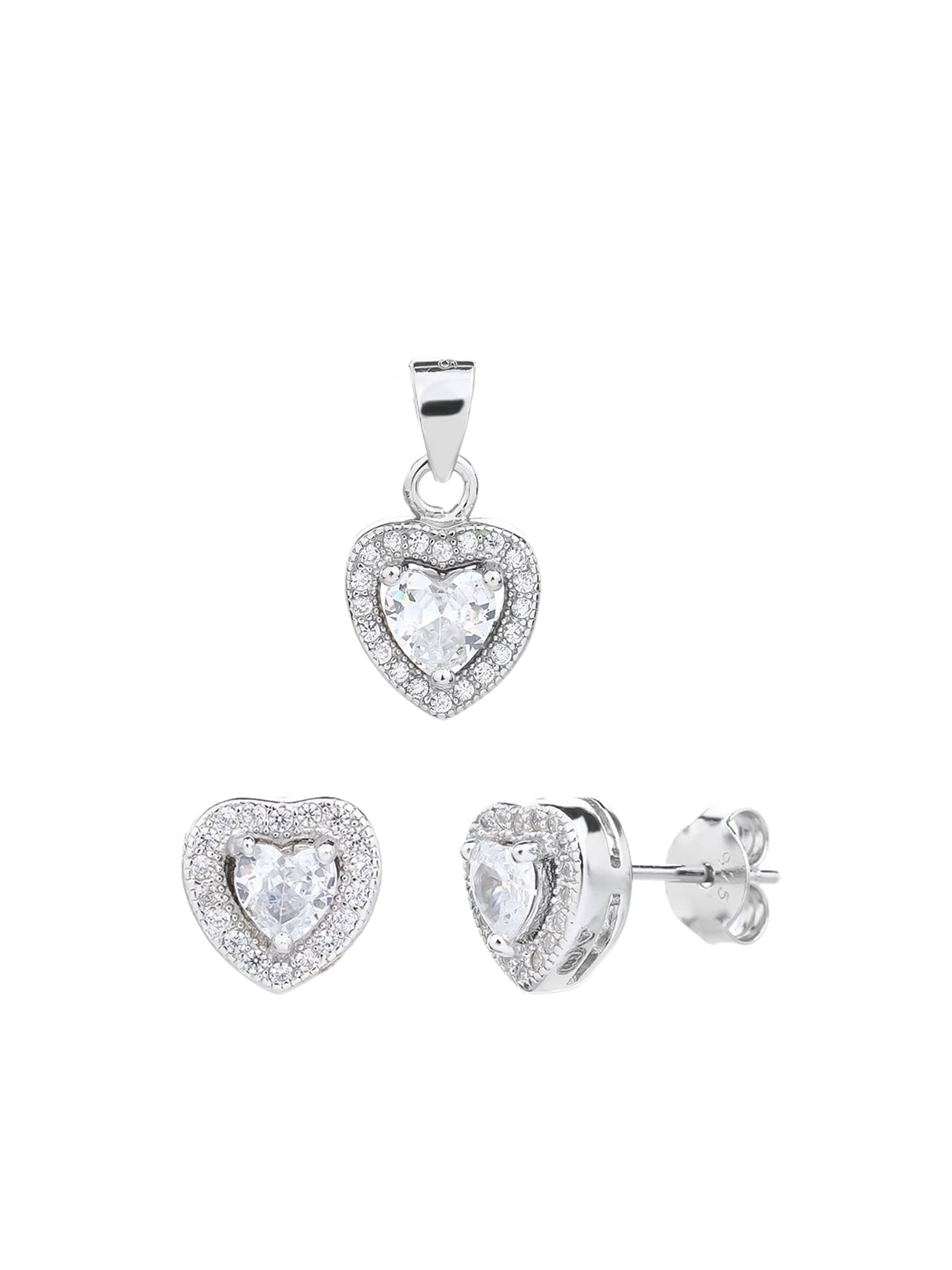 white heart shaped zirconia stud earrings and pendant set in hallmarked, rhodium-plated 925 sterling silver – alternate front set view – DRESCHER Jewellery®