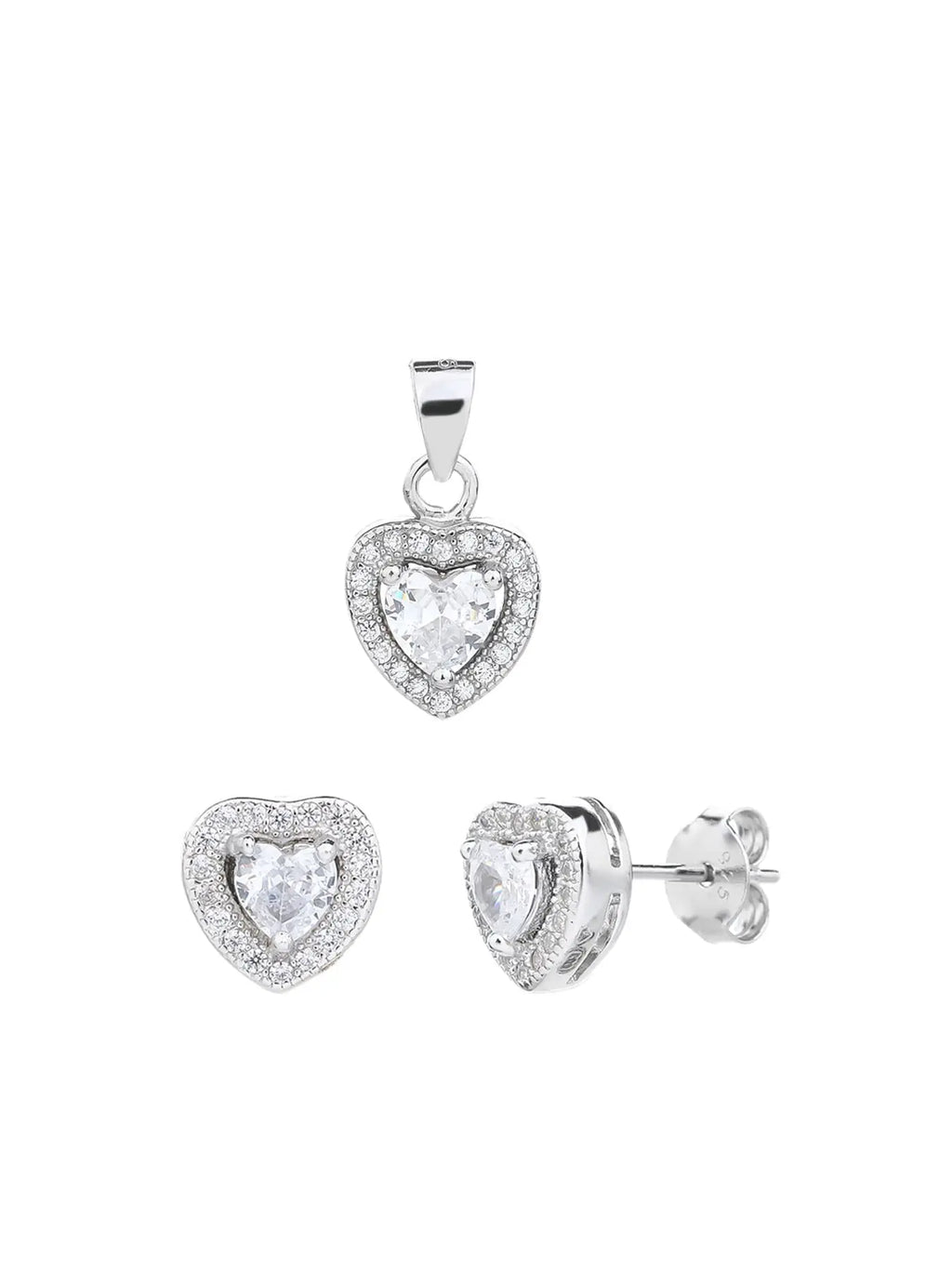 white heart shaped zirconia stud earrings and pendant set in hallmarked, rhodium-plated 925 sterling silver – front set view – DRESCHER Jewellery®
