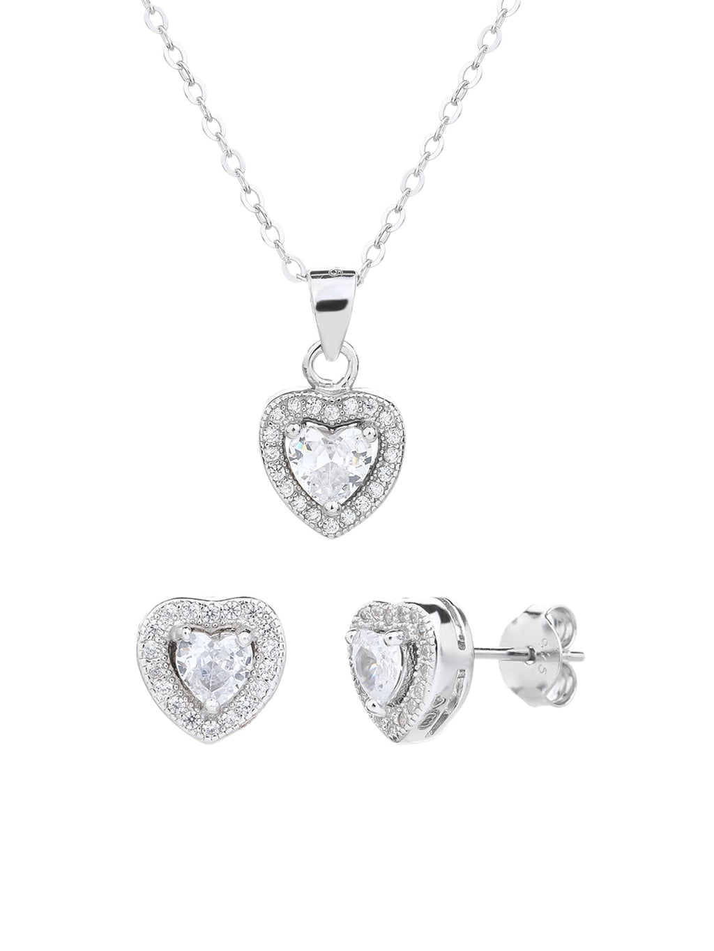white heart shaped zirconia stud earrings and pendant set in hallmarked, rhodium-plated 925 sterling silver – earrings front and side views – DRESCHER Jewellery®