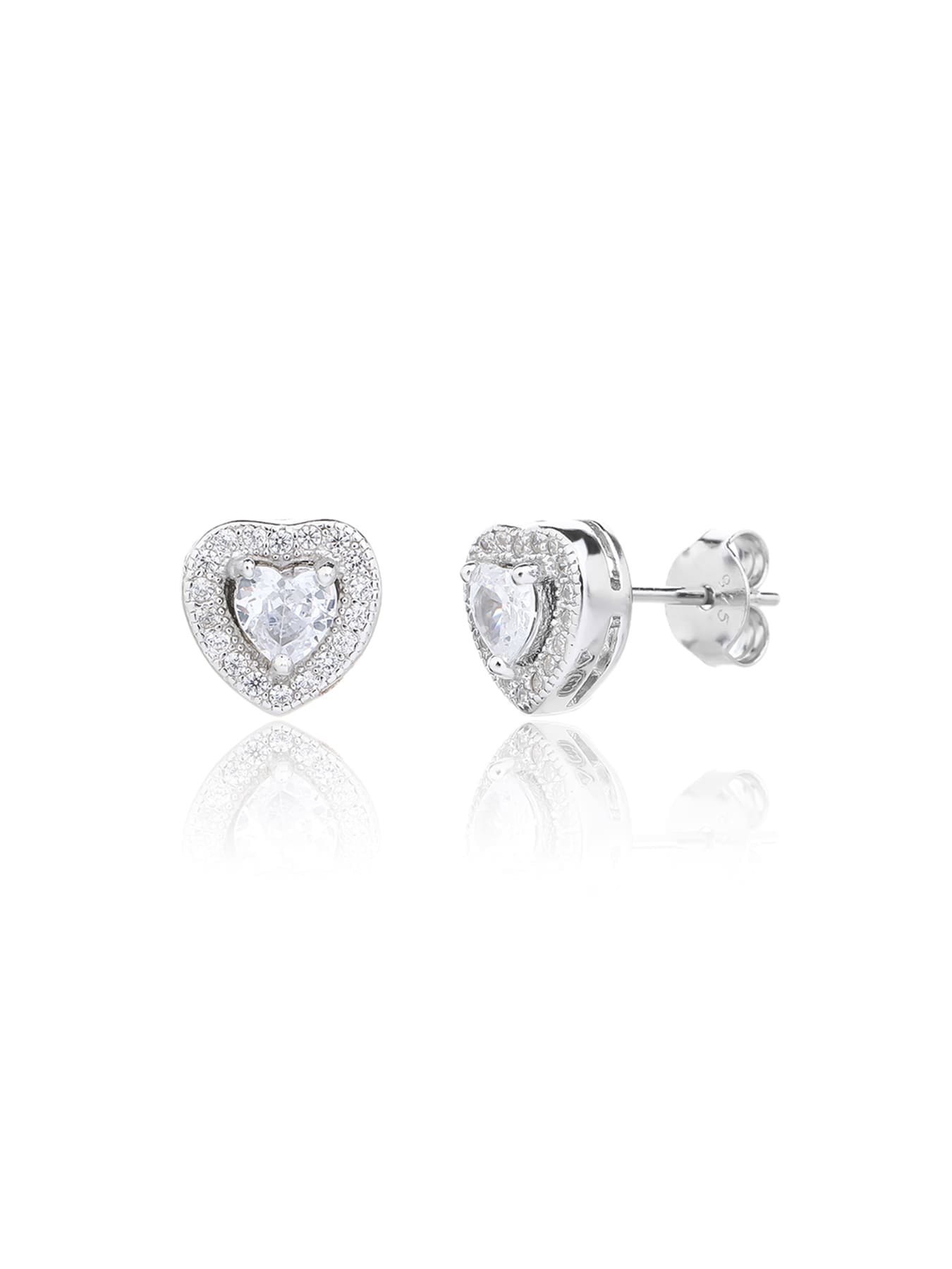 white heart shaped zirconia stud earrings and pendant set in hallmarked, rhodium-plated 925 sterling silver – display view – DRESCHER Jewellery®