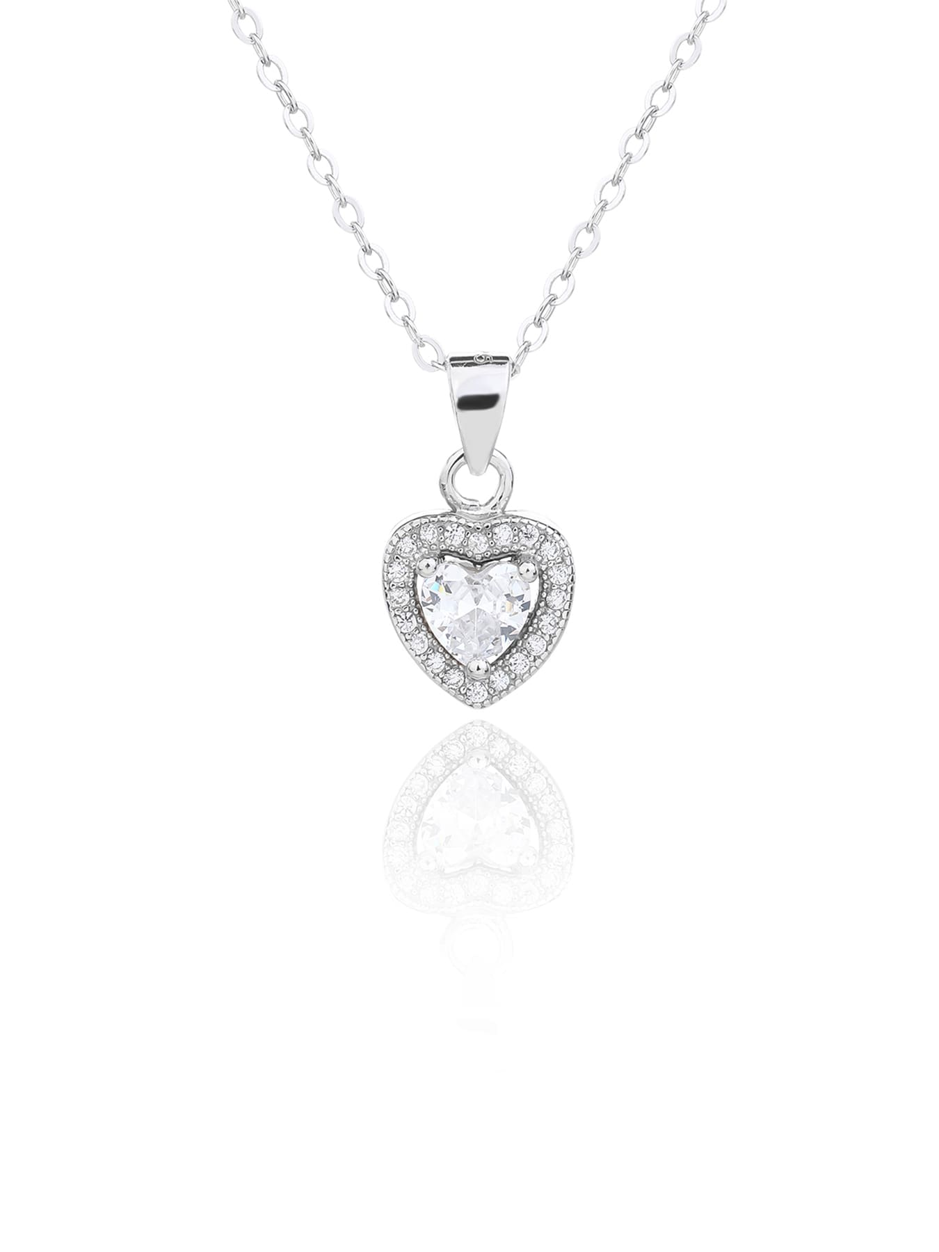 white heart shaped zirconia stud earrings and pendant set in hallmarked, rhodium-plated 925 sterling silver – front set view – DRESCHER Jewellery®